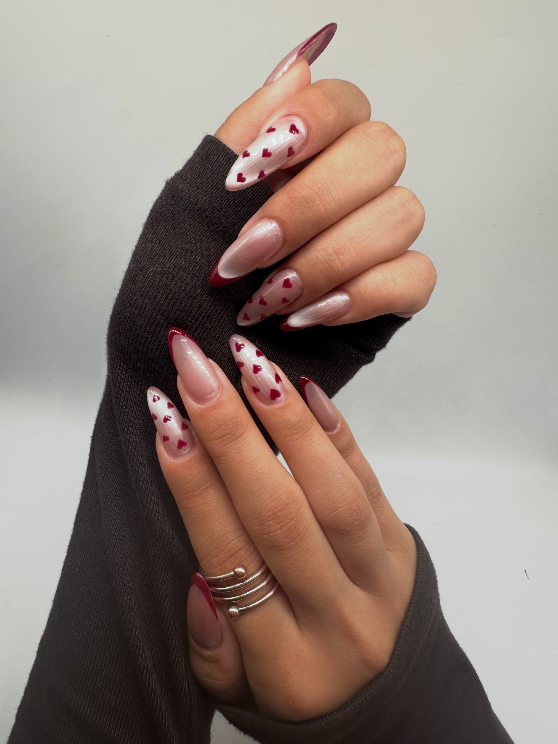Romantic Red Heart French Tip Almond Nails