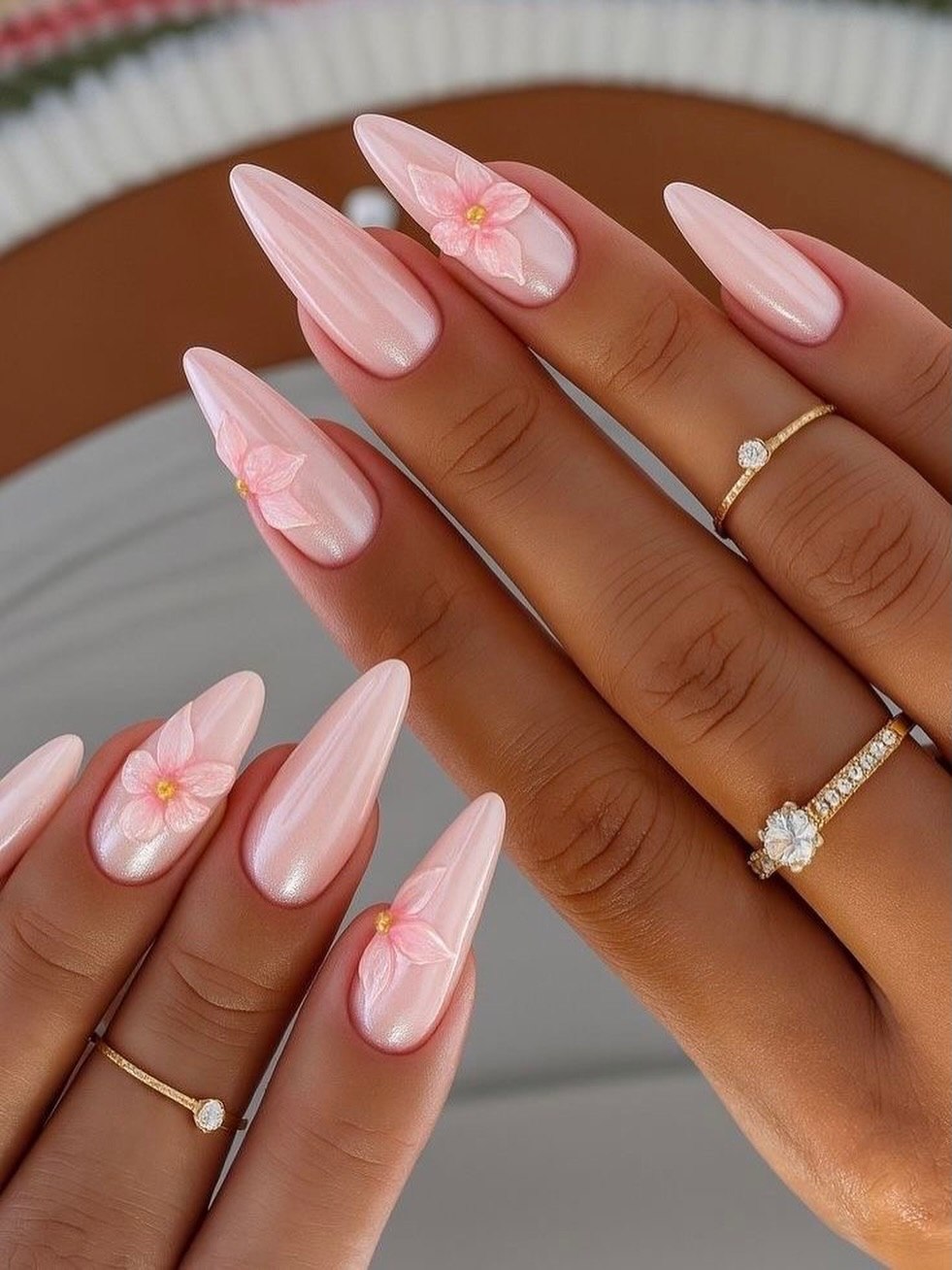 Shimmering Pink Almond Nails with 3D Flowers
