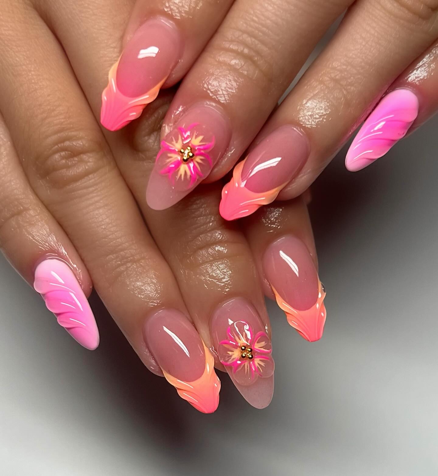 Neon French Ombre Floral Almond Nails