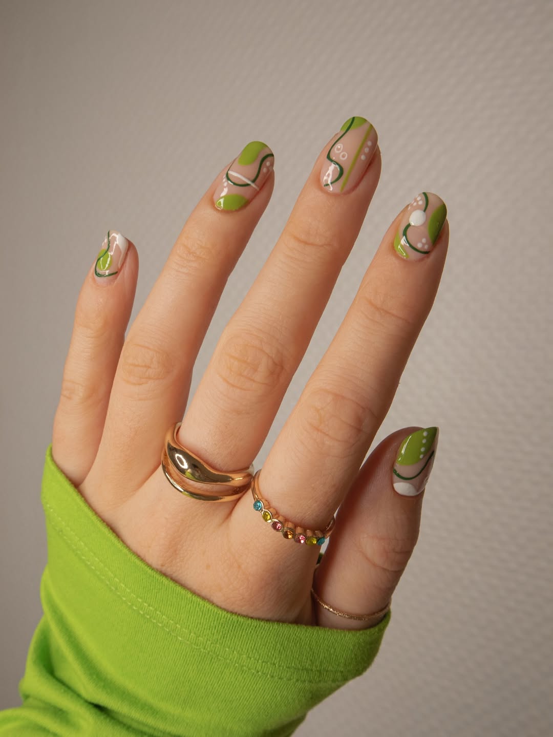 Abstract Swirl Green and White Almond Nails