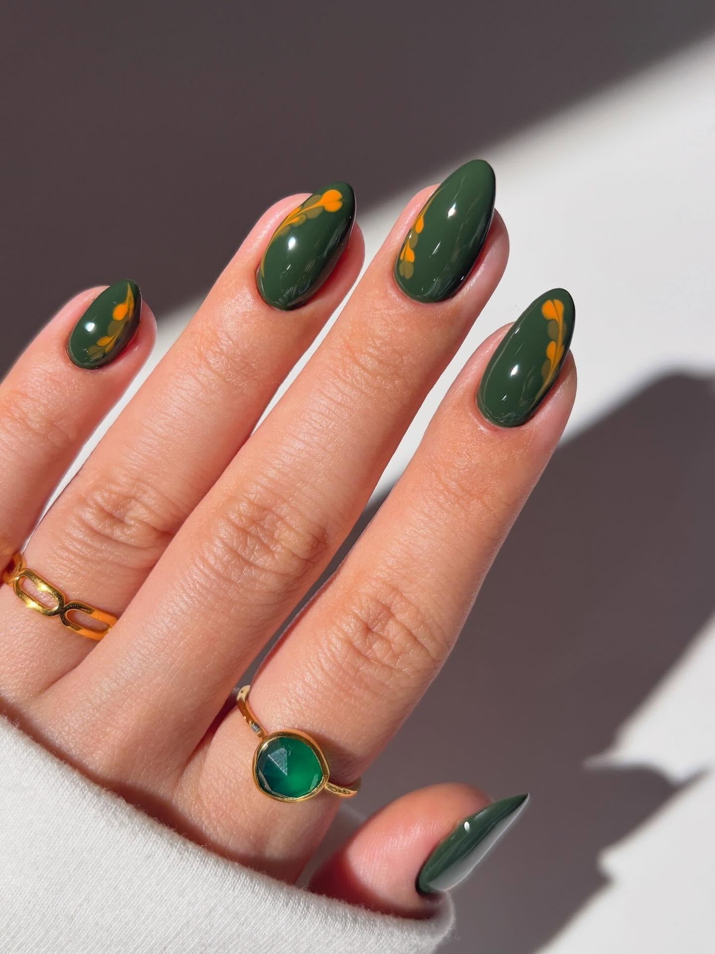 Deep Forest Green Swirl Almond Nails