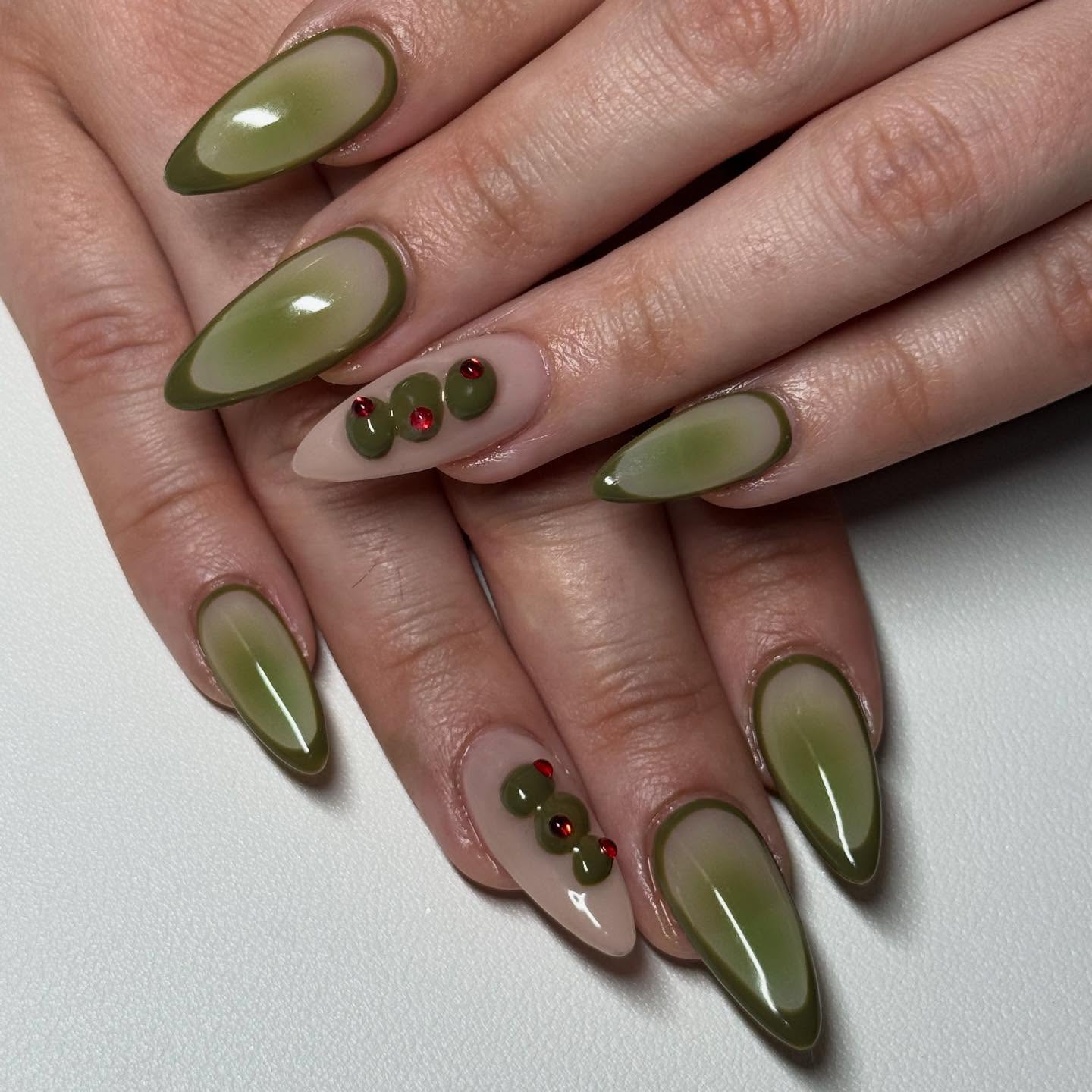 Olive Green Aura French Tip Nails with Charm