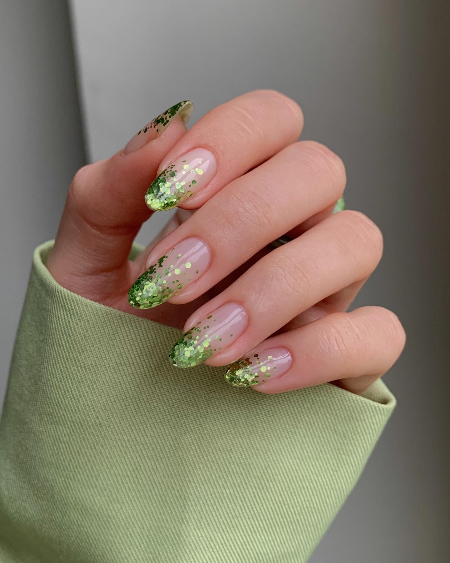 Lime Green Glitter French Tip Almond Nails