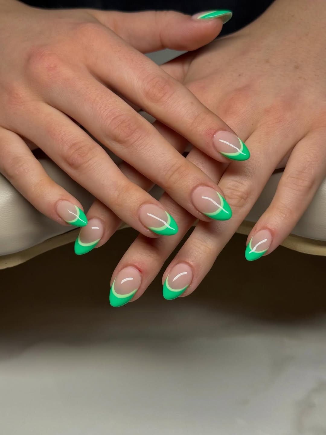 Emerald Green French Tip Almond Nails