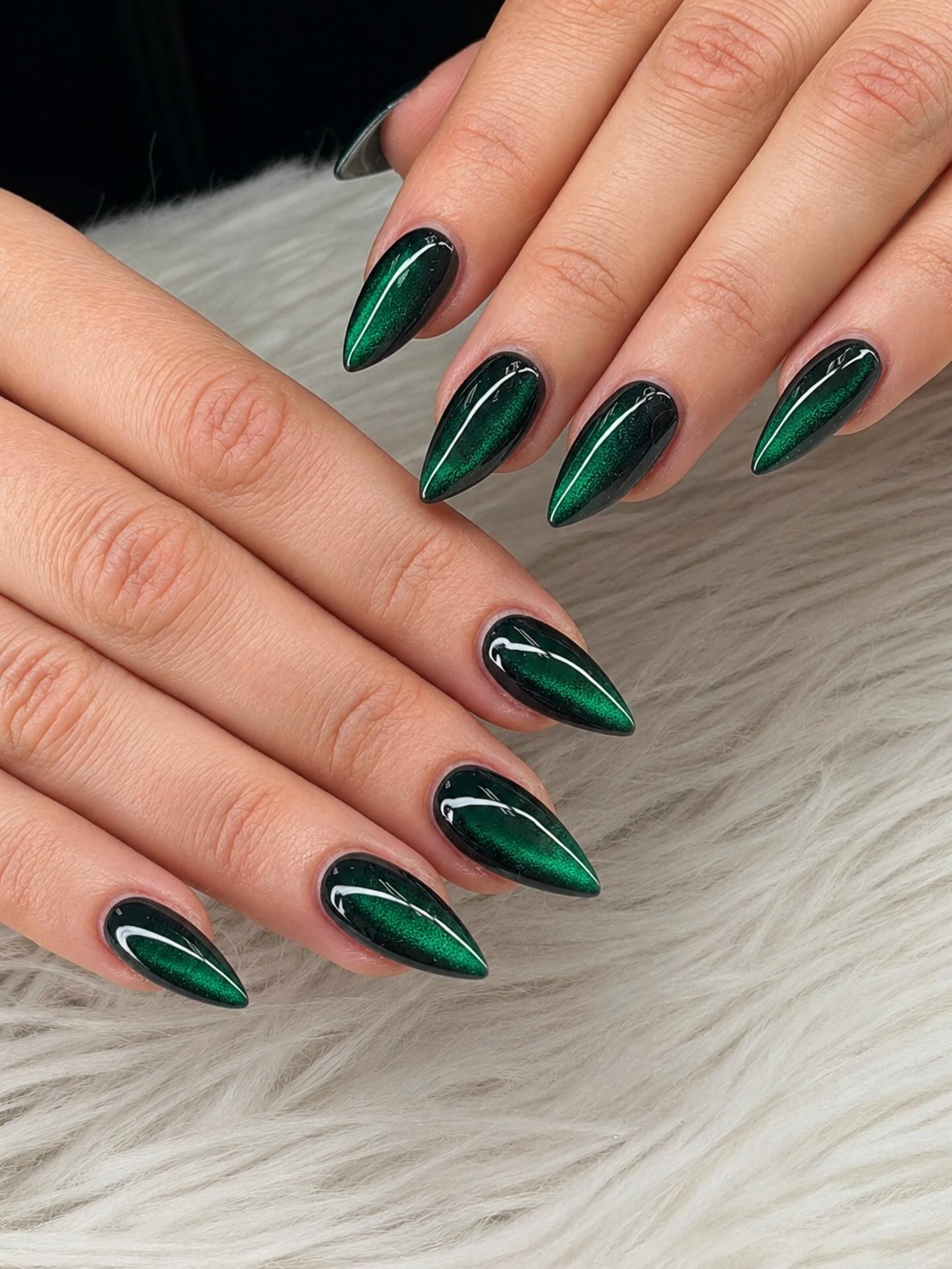 Emerald Cat Eye Stiletto Nails