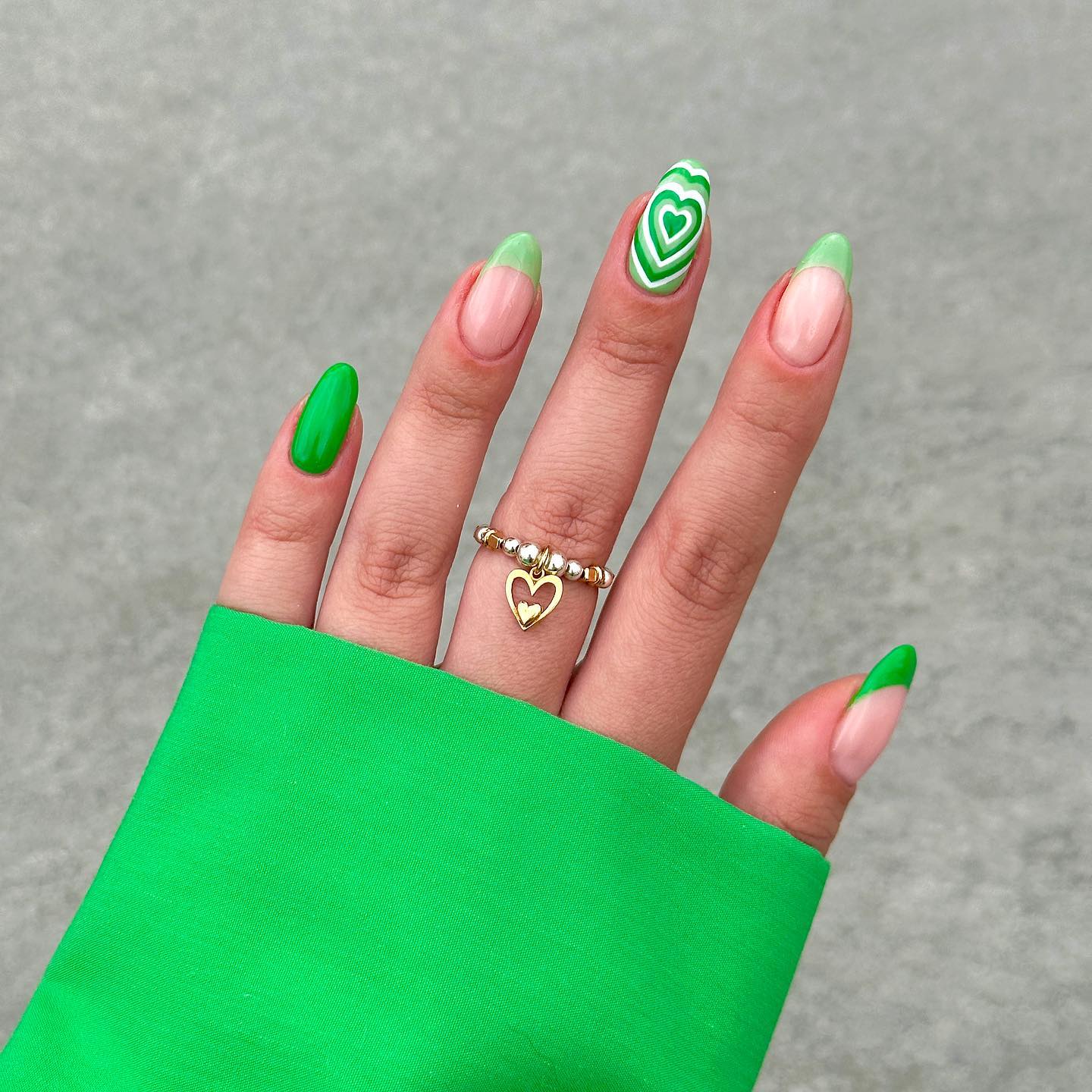 Vibrant Green French Tip Heart Accent Nails