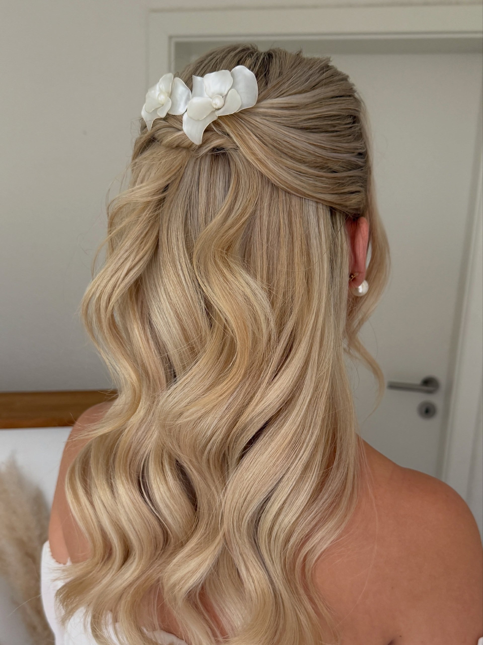 Soft Wavy Half Up Half Down With Floral Accents
