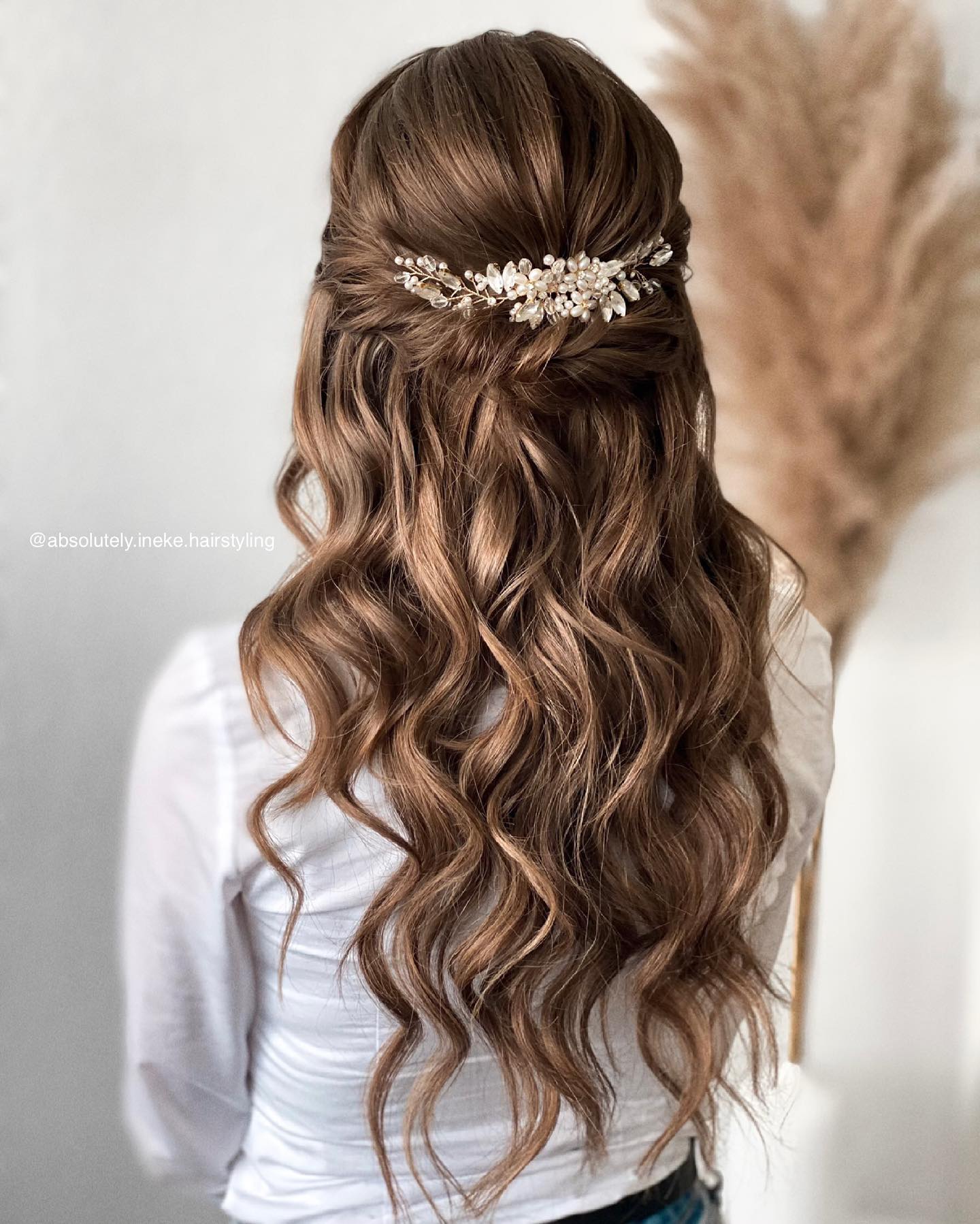 Romantic Half Updo With Loose Waves & Pearls