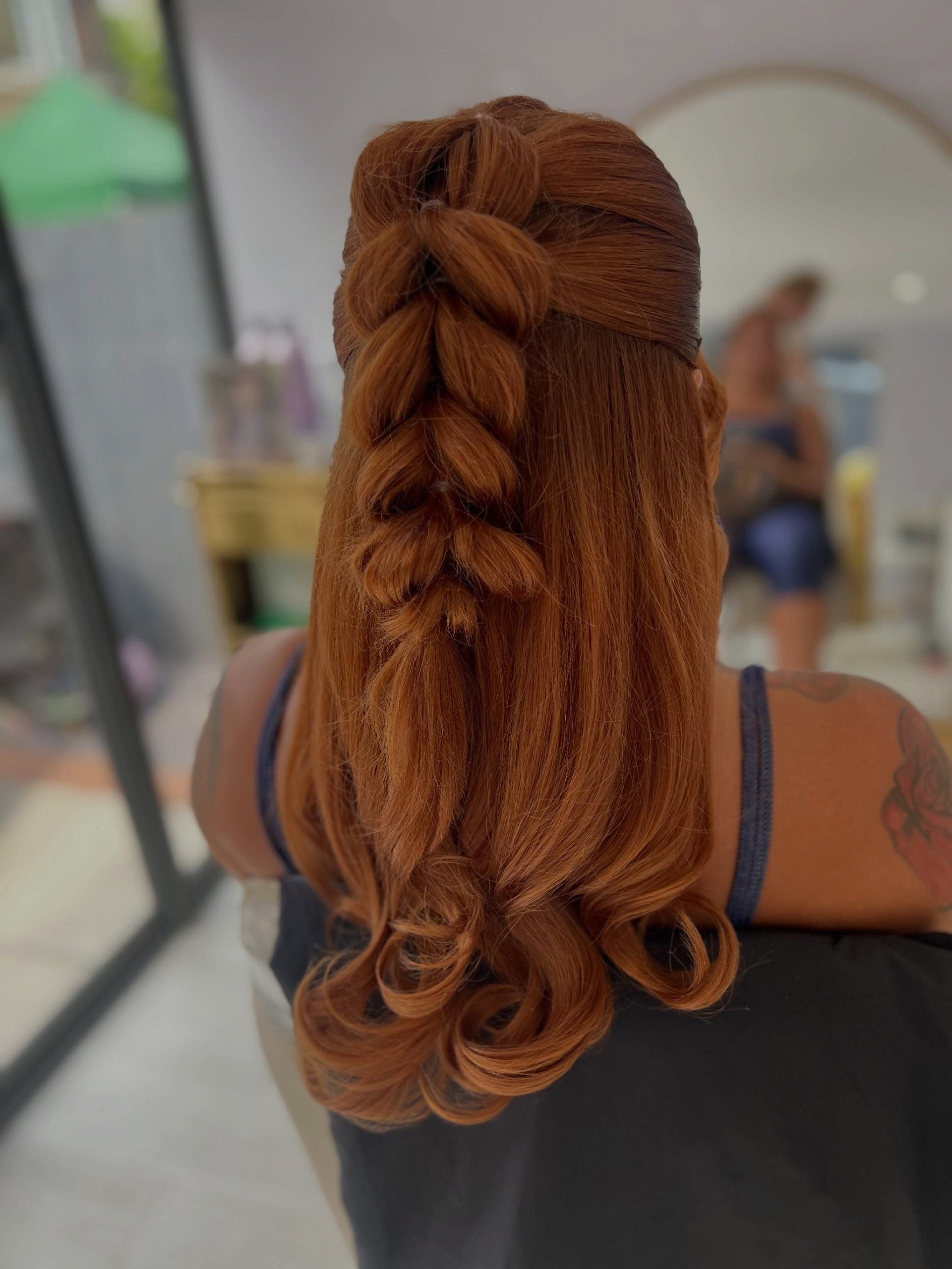 Rich Copper Half-Up Fishtail Braid Waves