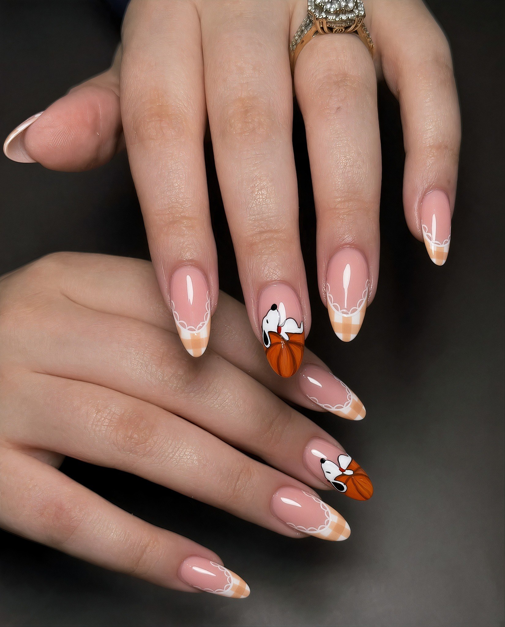 Snoopy Pumpkin French Almond Nails