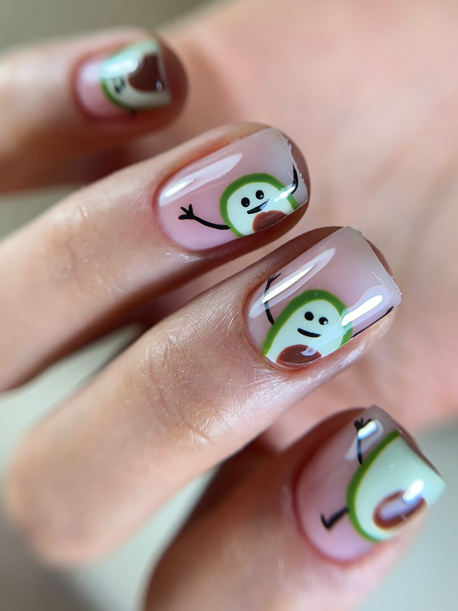 Cute Avocado Character Glossy French Tips