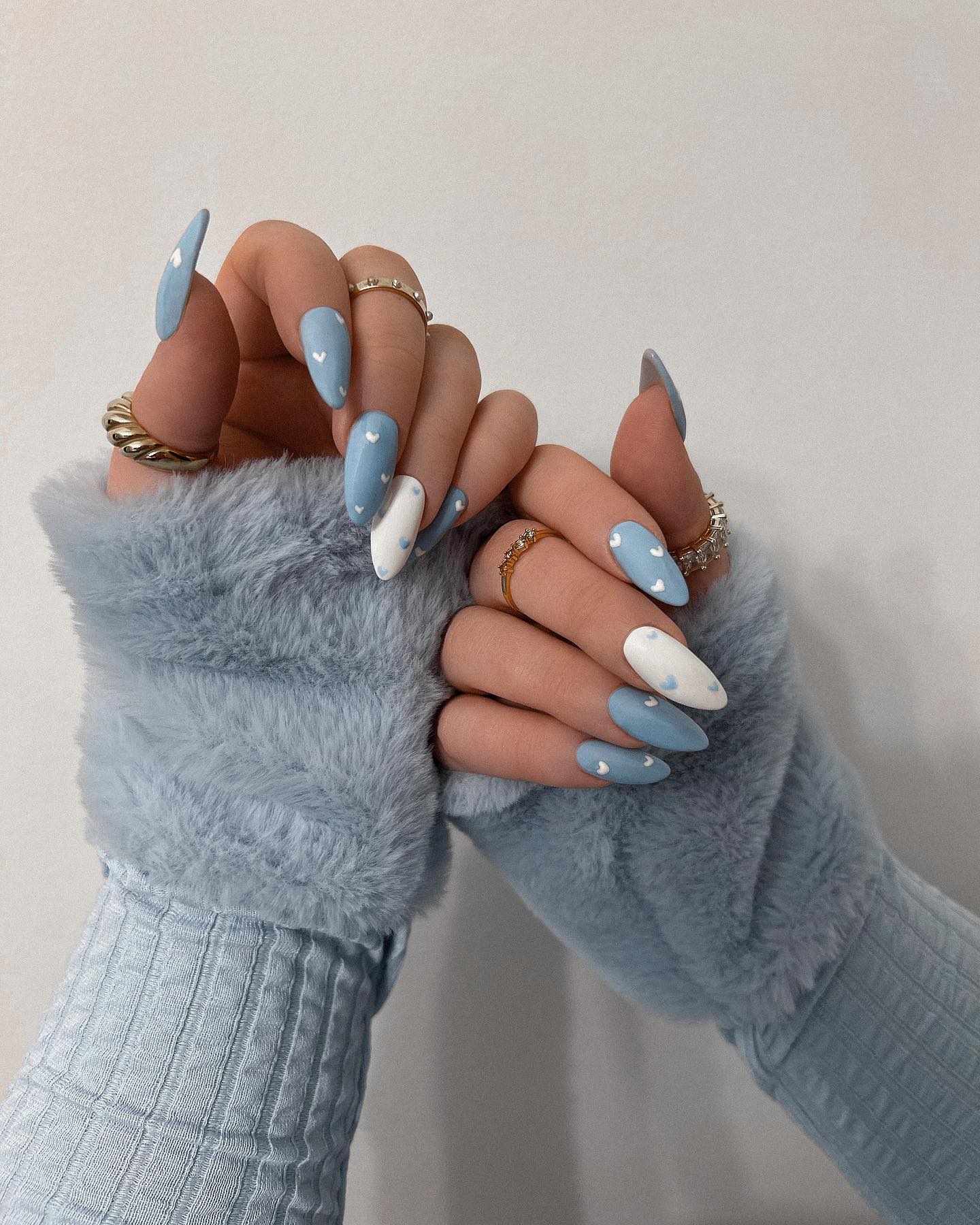 Pastel Blue & White Cloud Heart Almond Nails