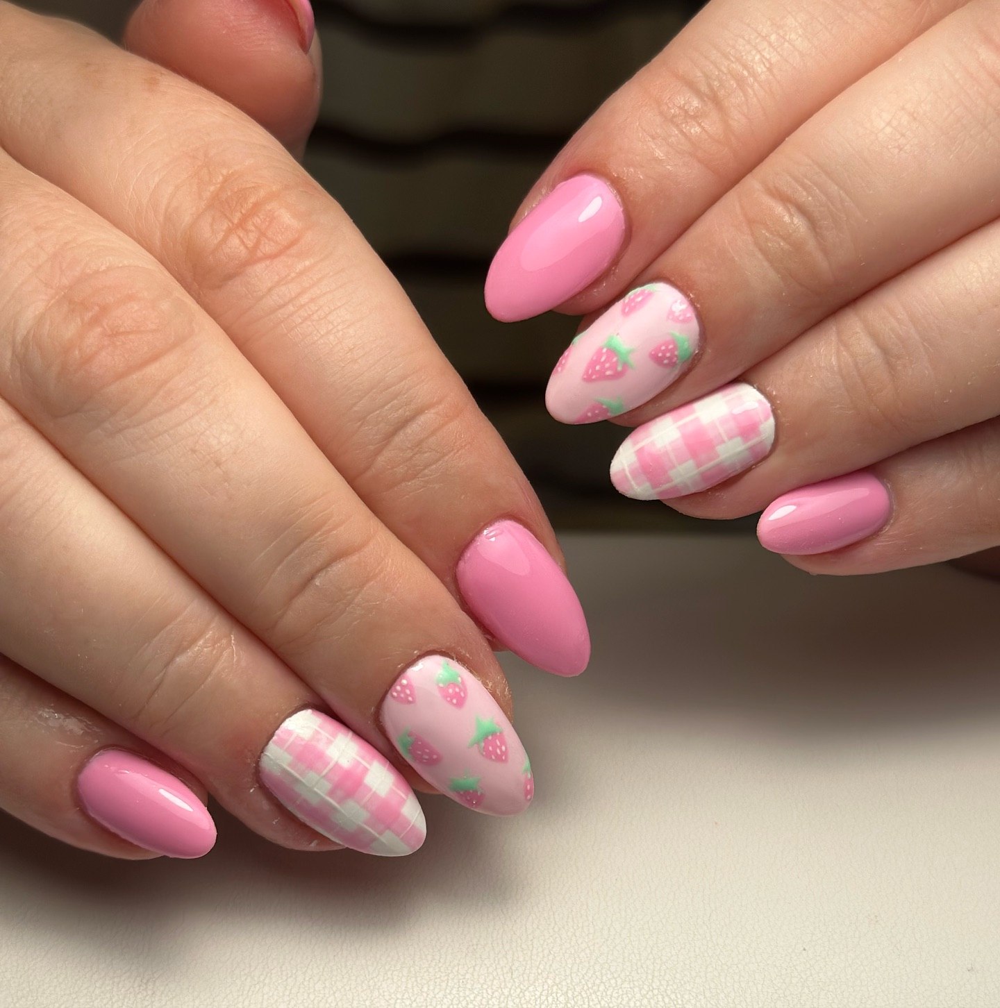 Strawberry Gingham Almond Nails