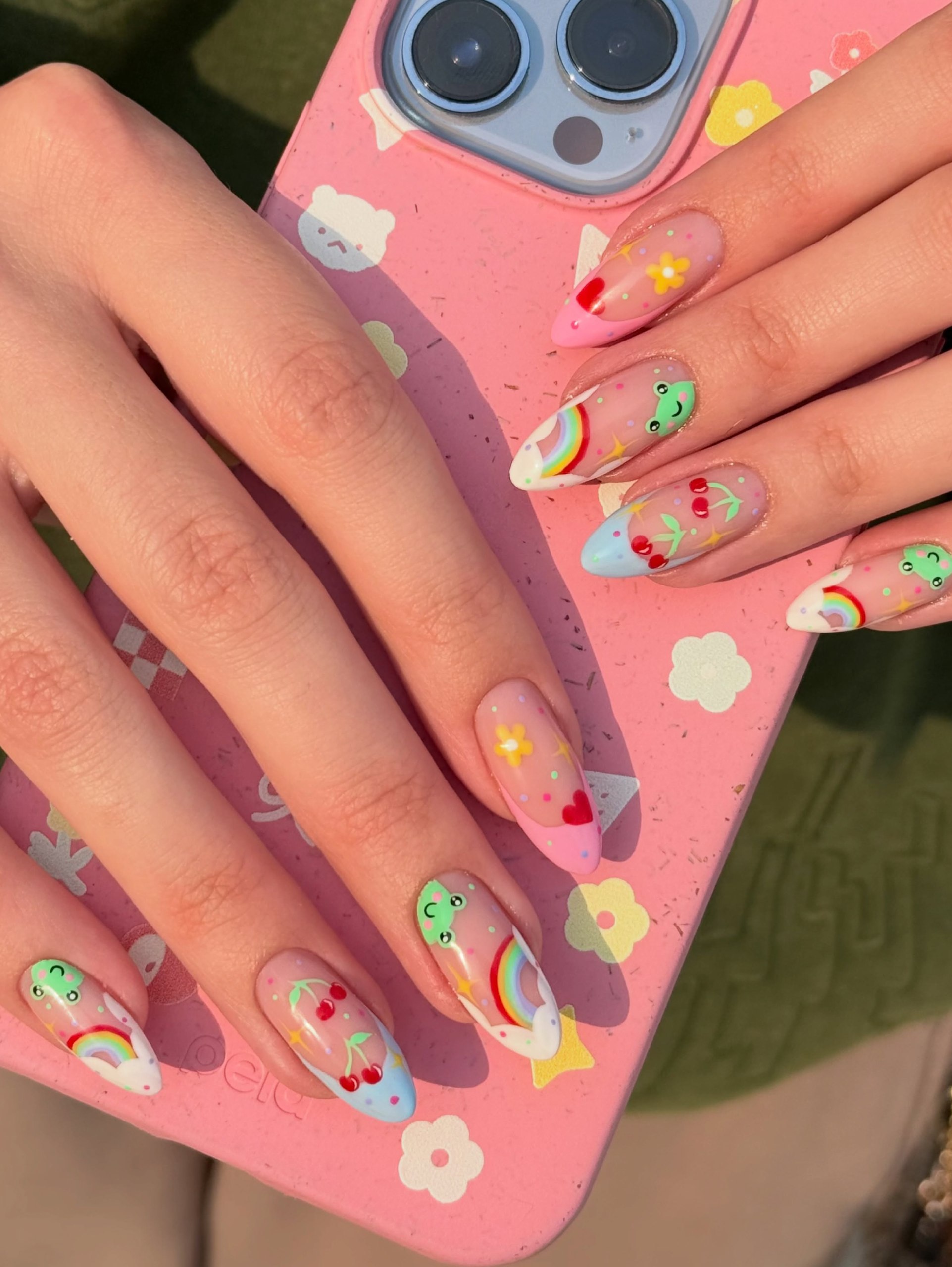 Cute Frog and Cherry French Tip Almond Nails