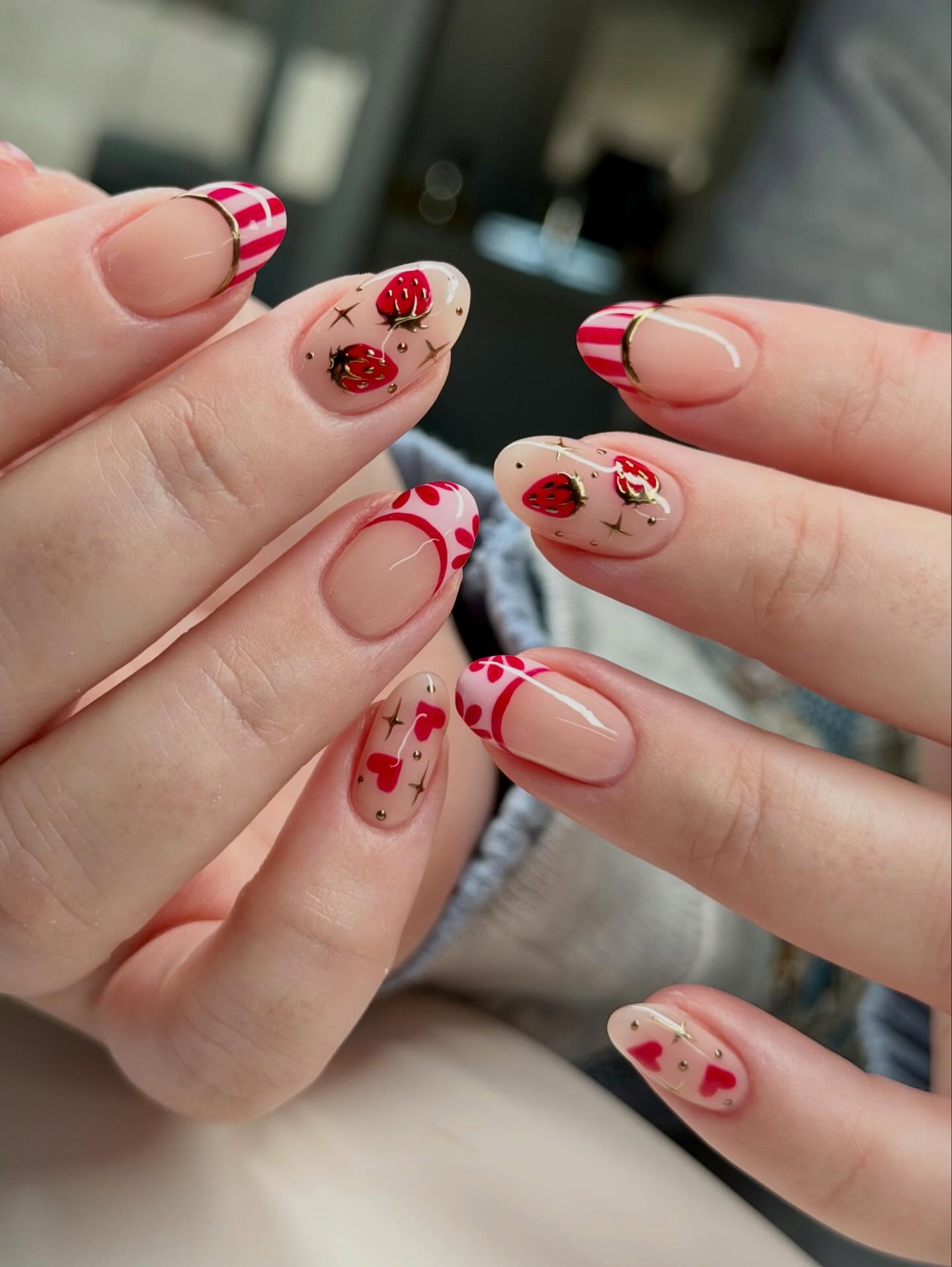 Strawberry And Hearts French Tip Almond Nails