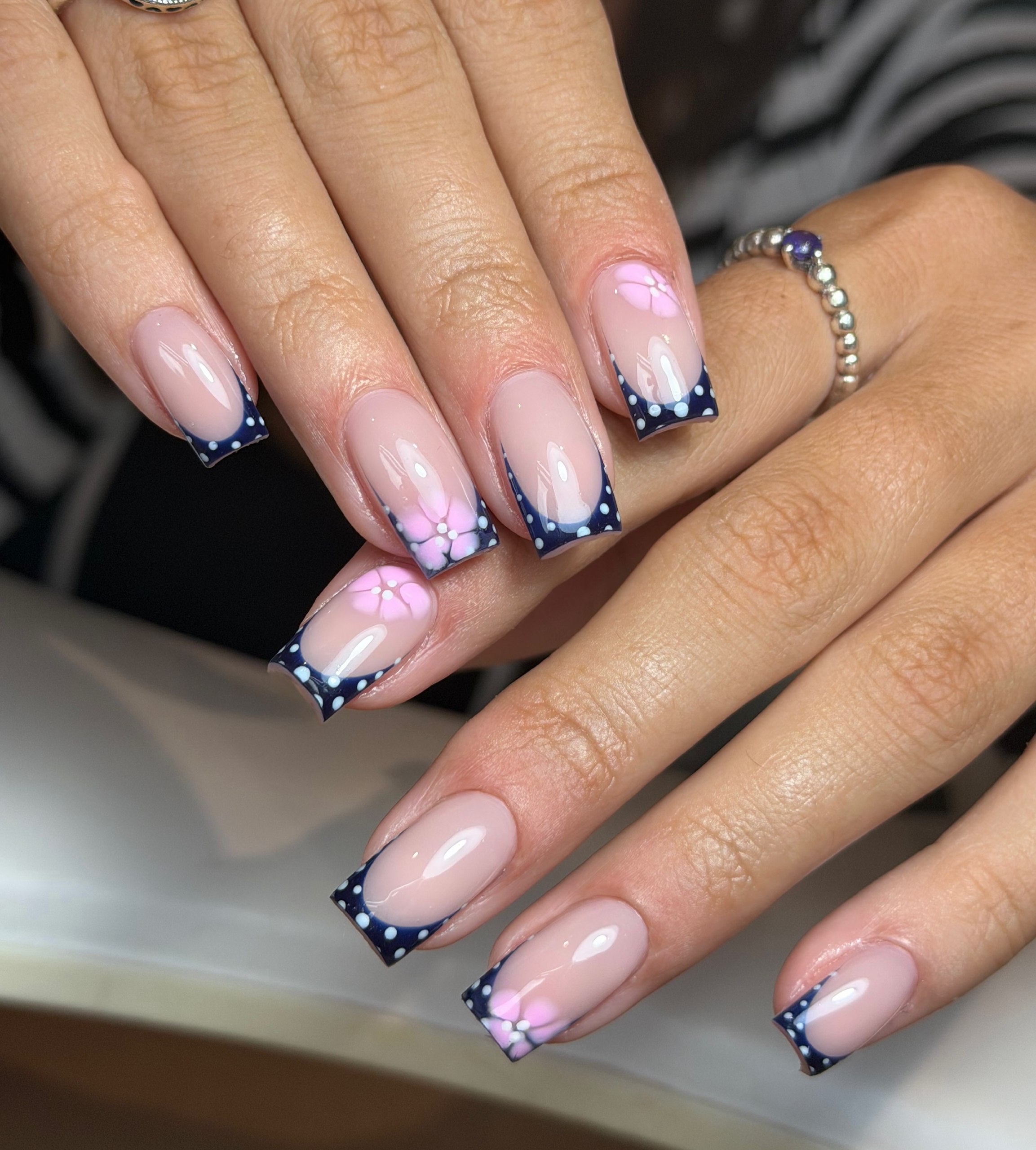 French Tips With Polka Dots and Flowers