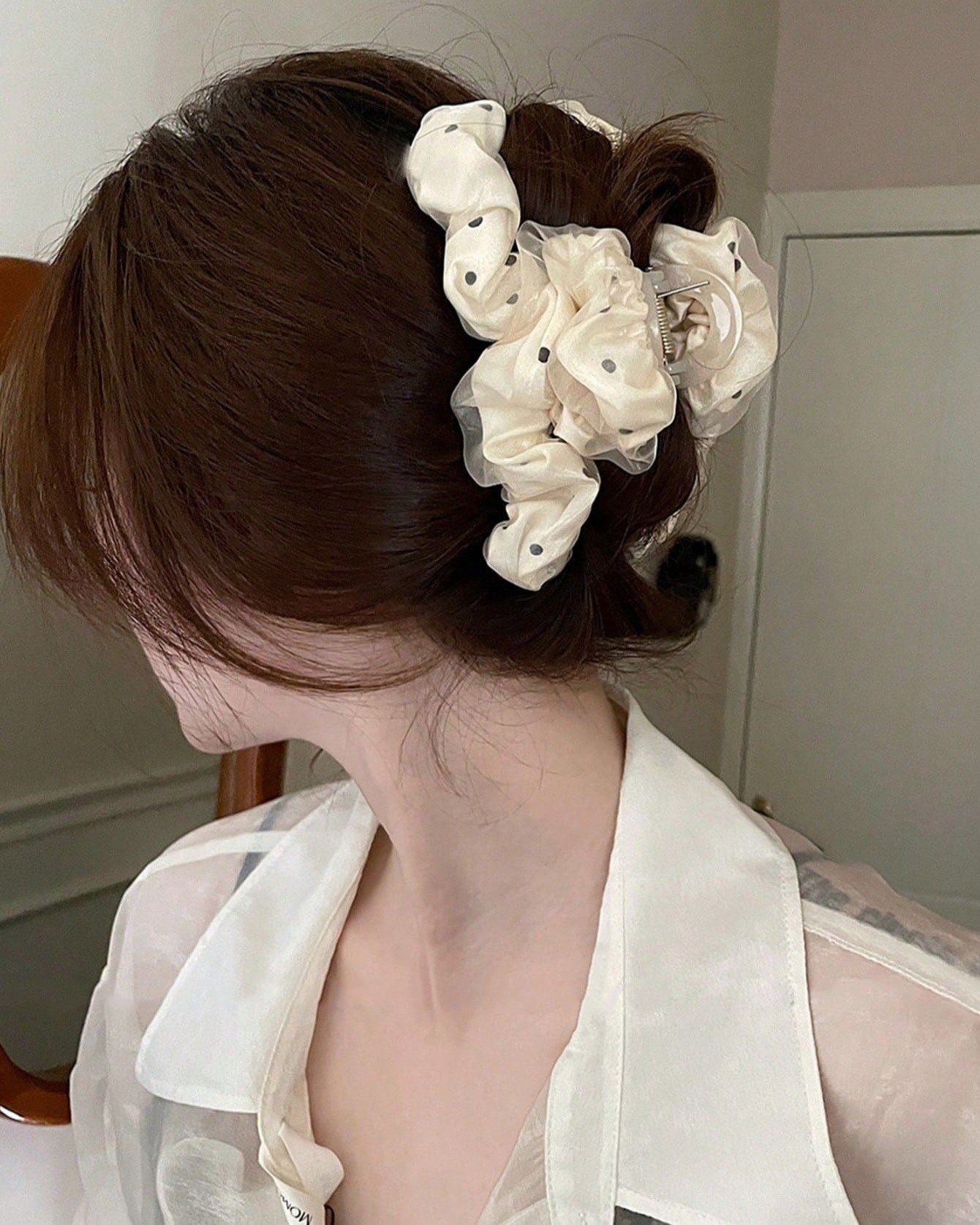 Elegant Polka Dot Scrunchie Claw Clip Updo