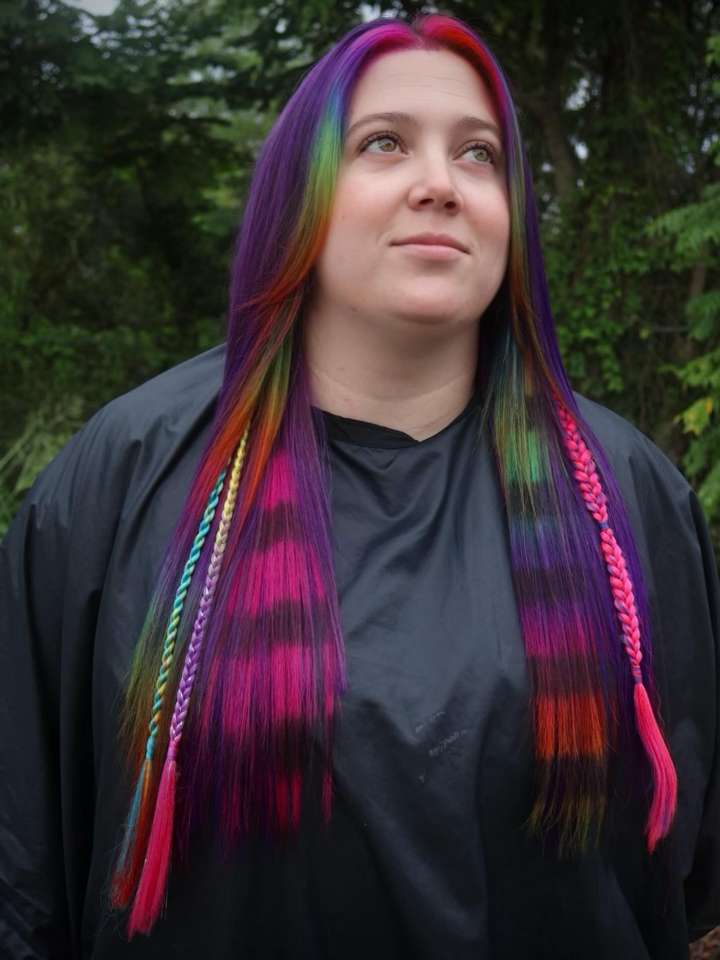 Vibrant Rainbow Checkerboard Braids With Color Streaks