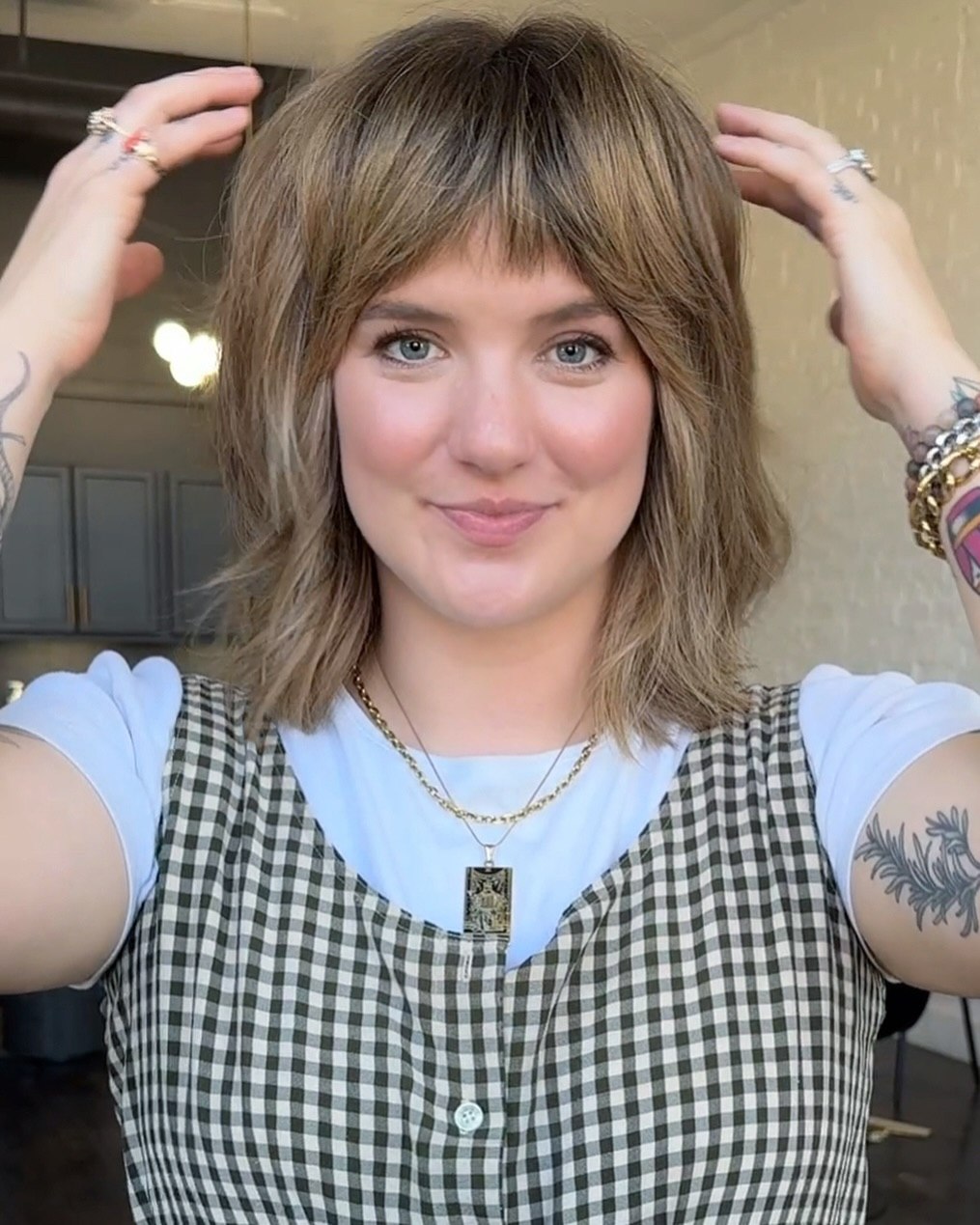 Shaggy Lob With Piecey Bangs and Bronde Balayage