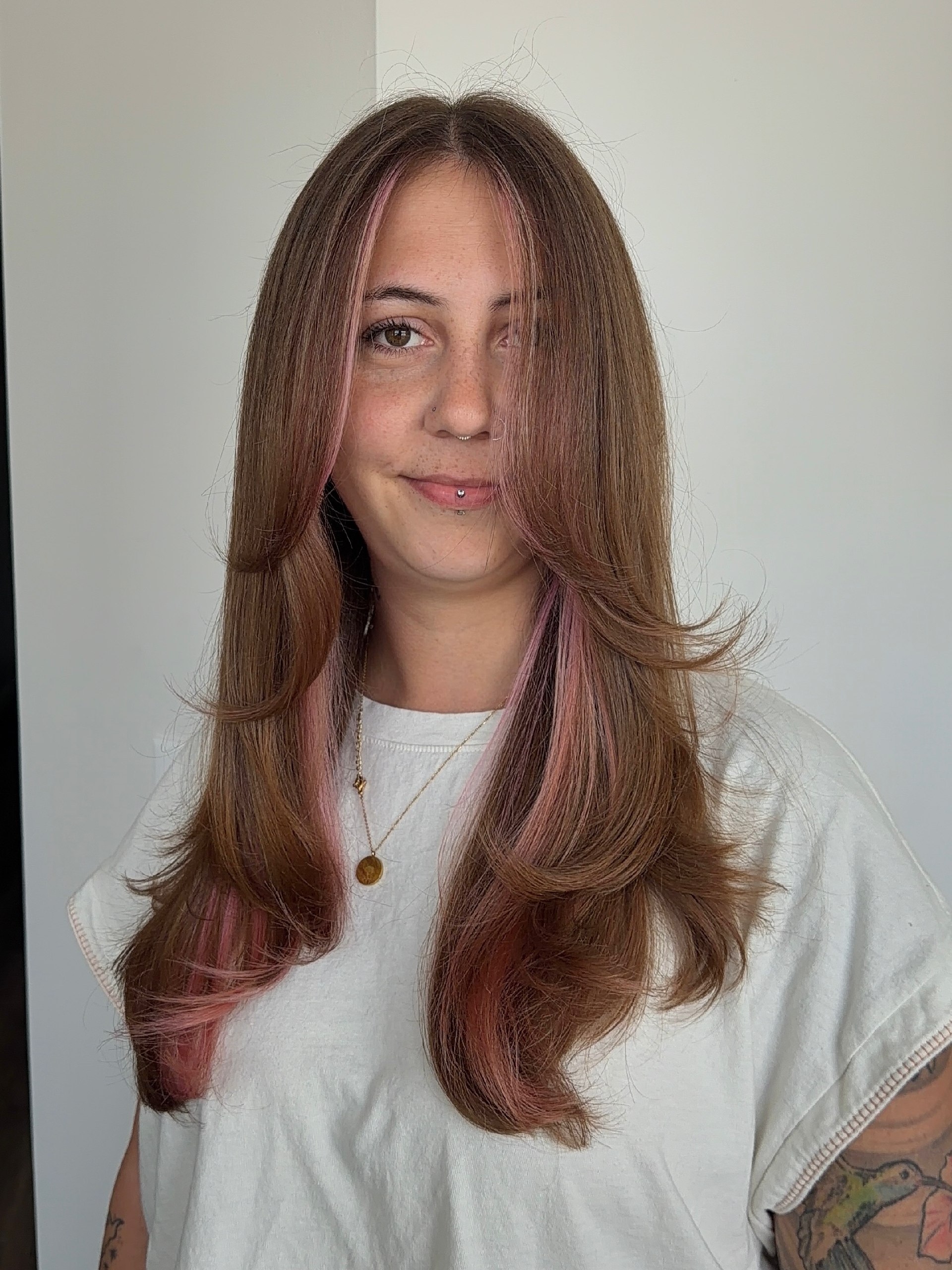 Layered Long Hair With Pink Money Piece