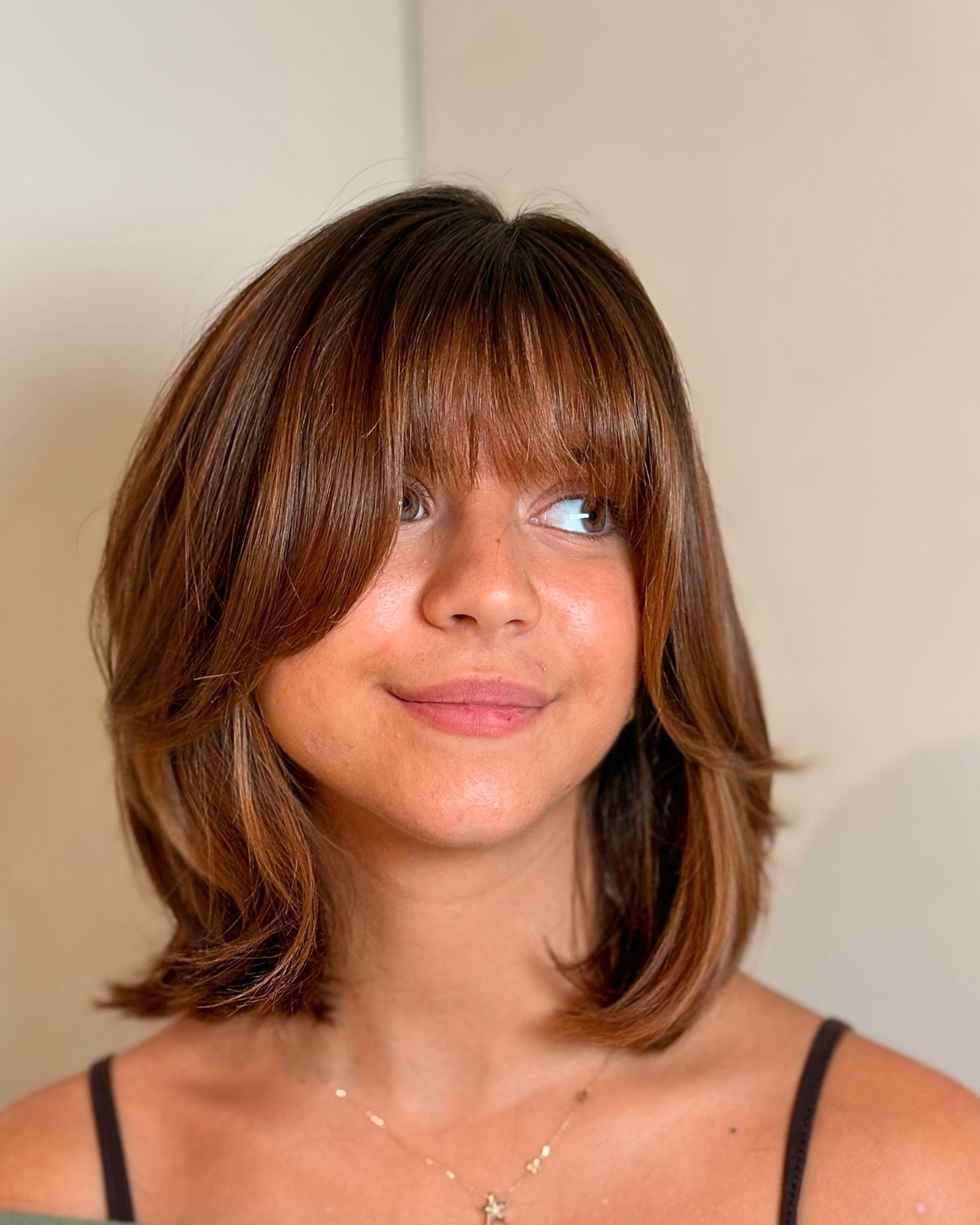 Copper Balayage Layers With Blunt Bangs