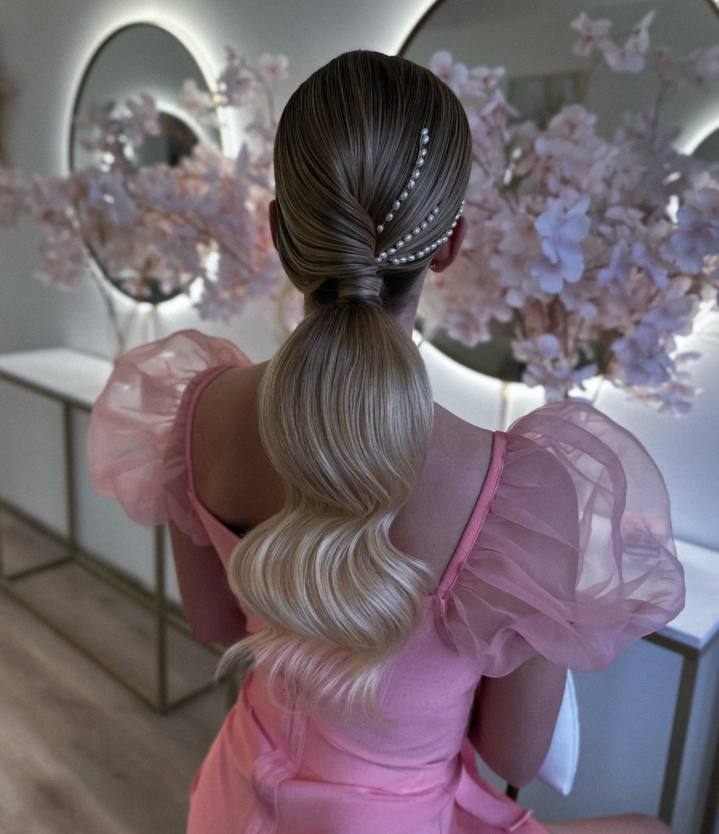 Elegant Pearl Embellished Low Ponytail With Hollywood Waves