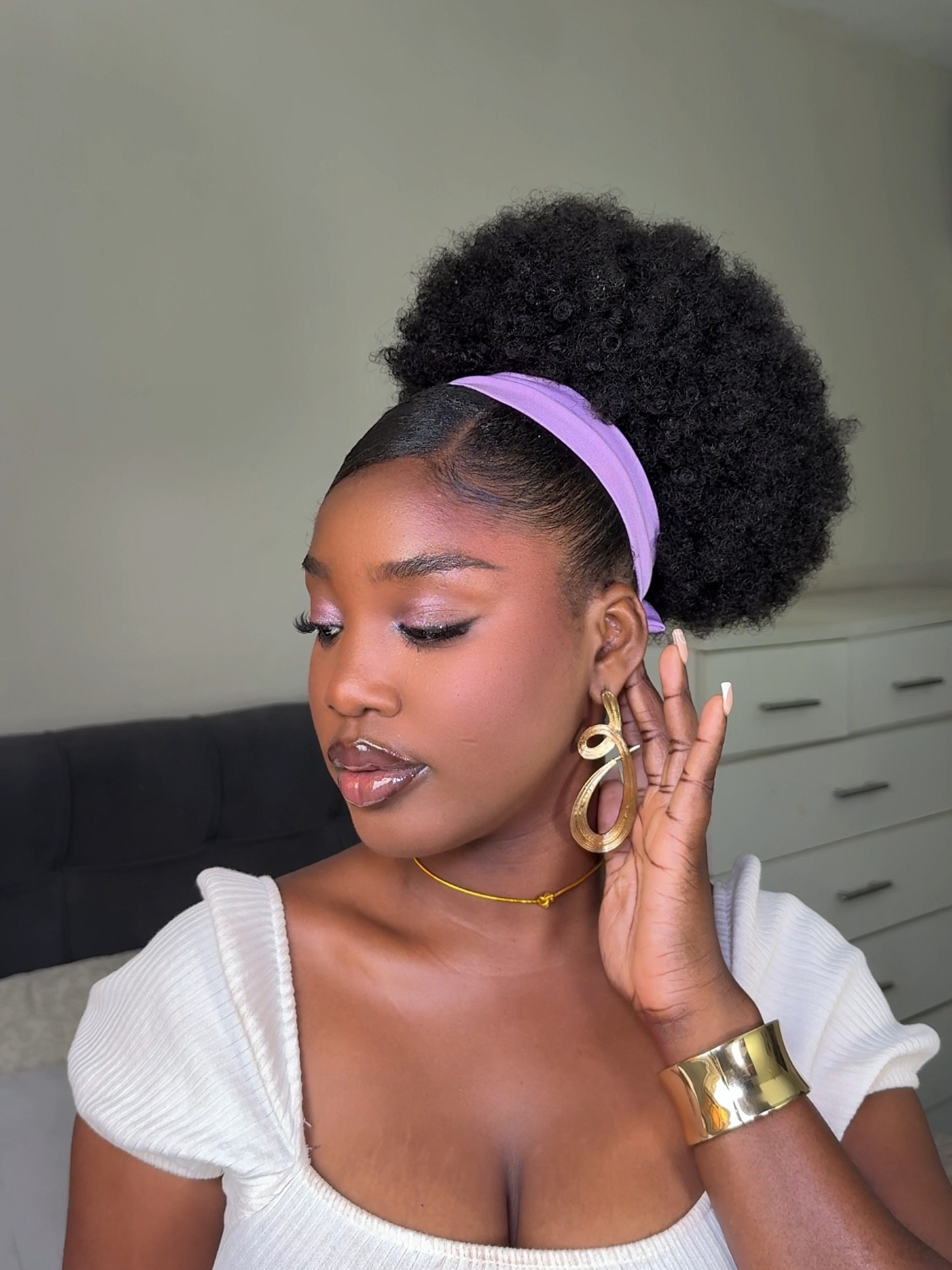 High Puff Afro With Lavender Headband