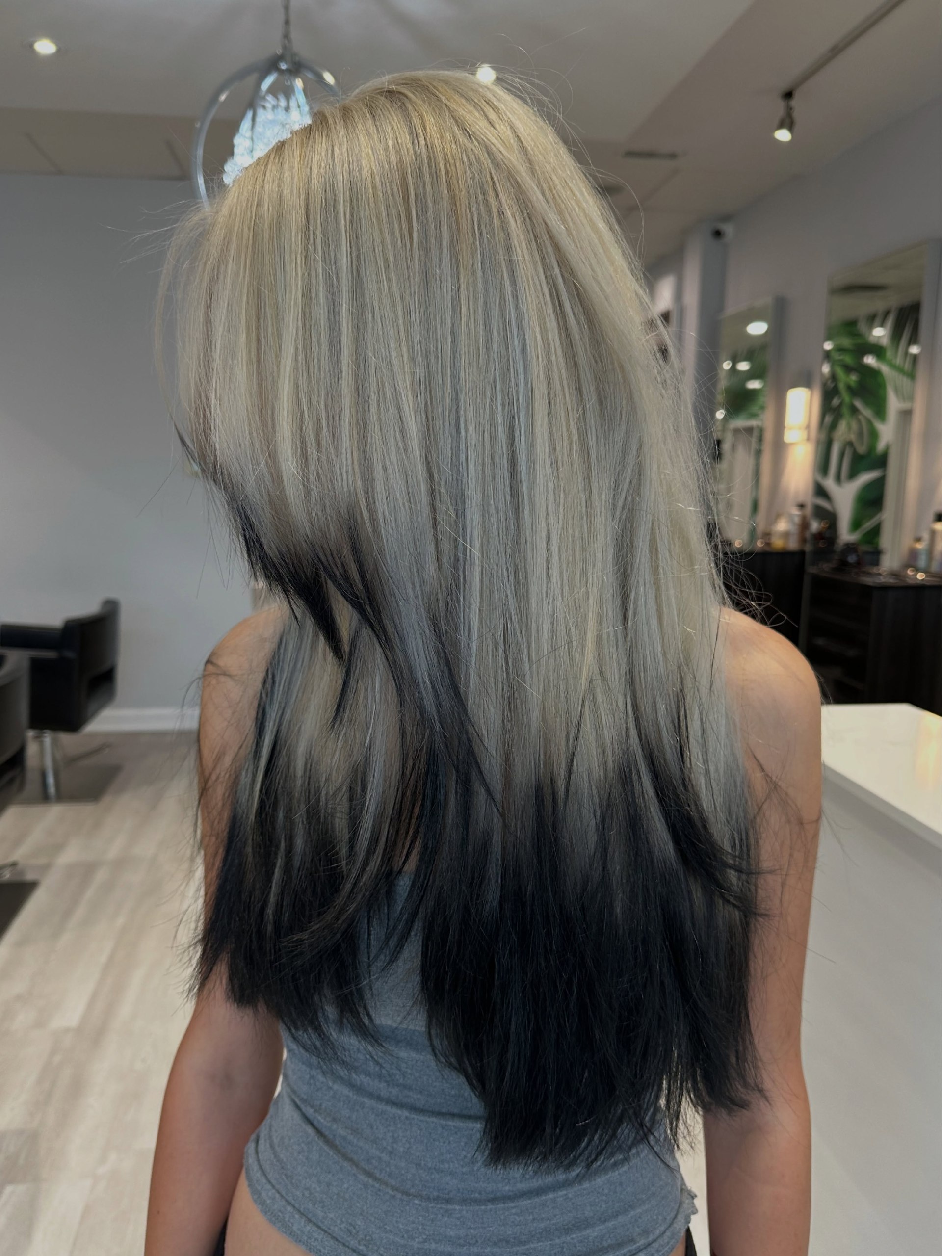 Dramatic Black Ombre On Ash Blonde Long Layers