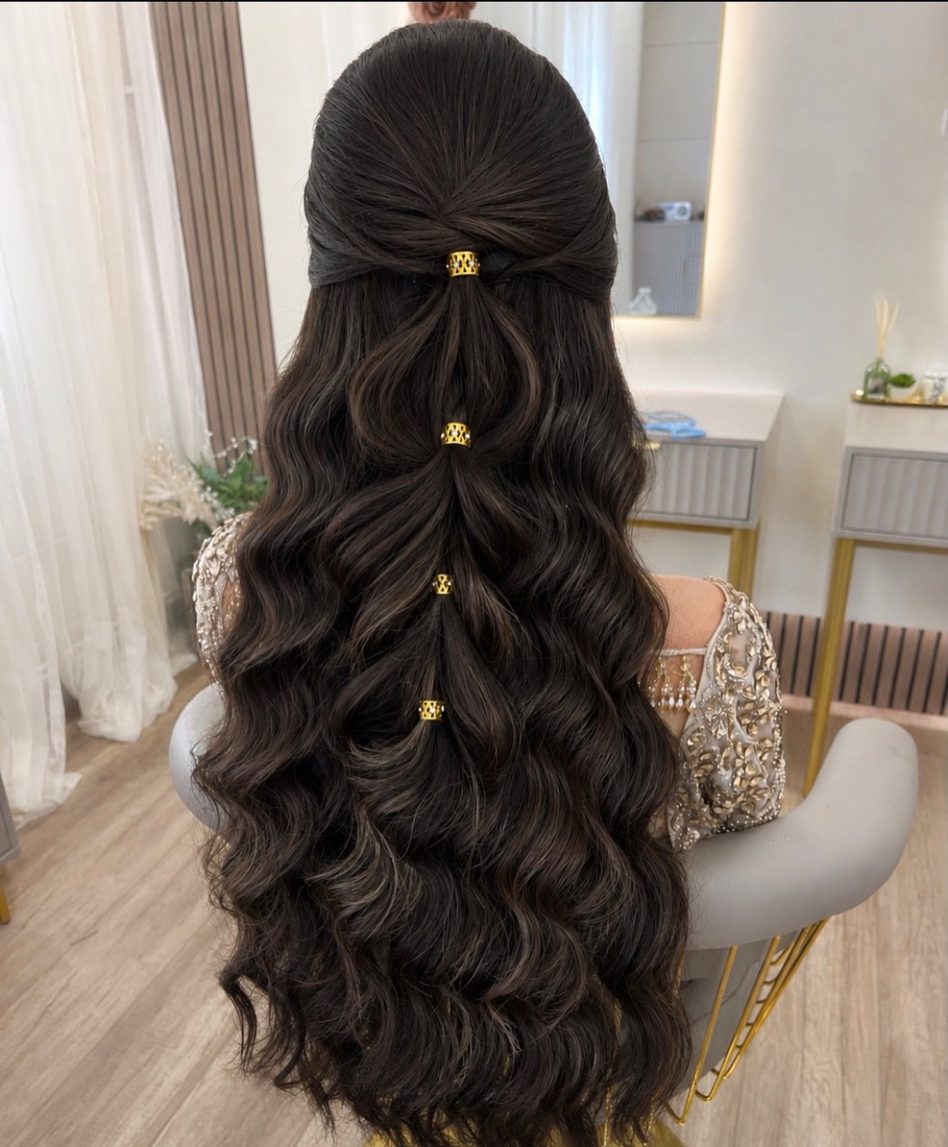 Elegant Half-Up Half-Down Body Waves With Gold Accents