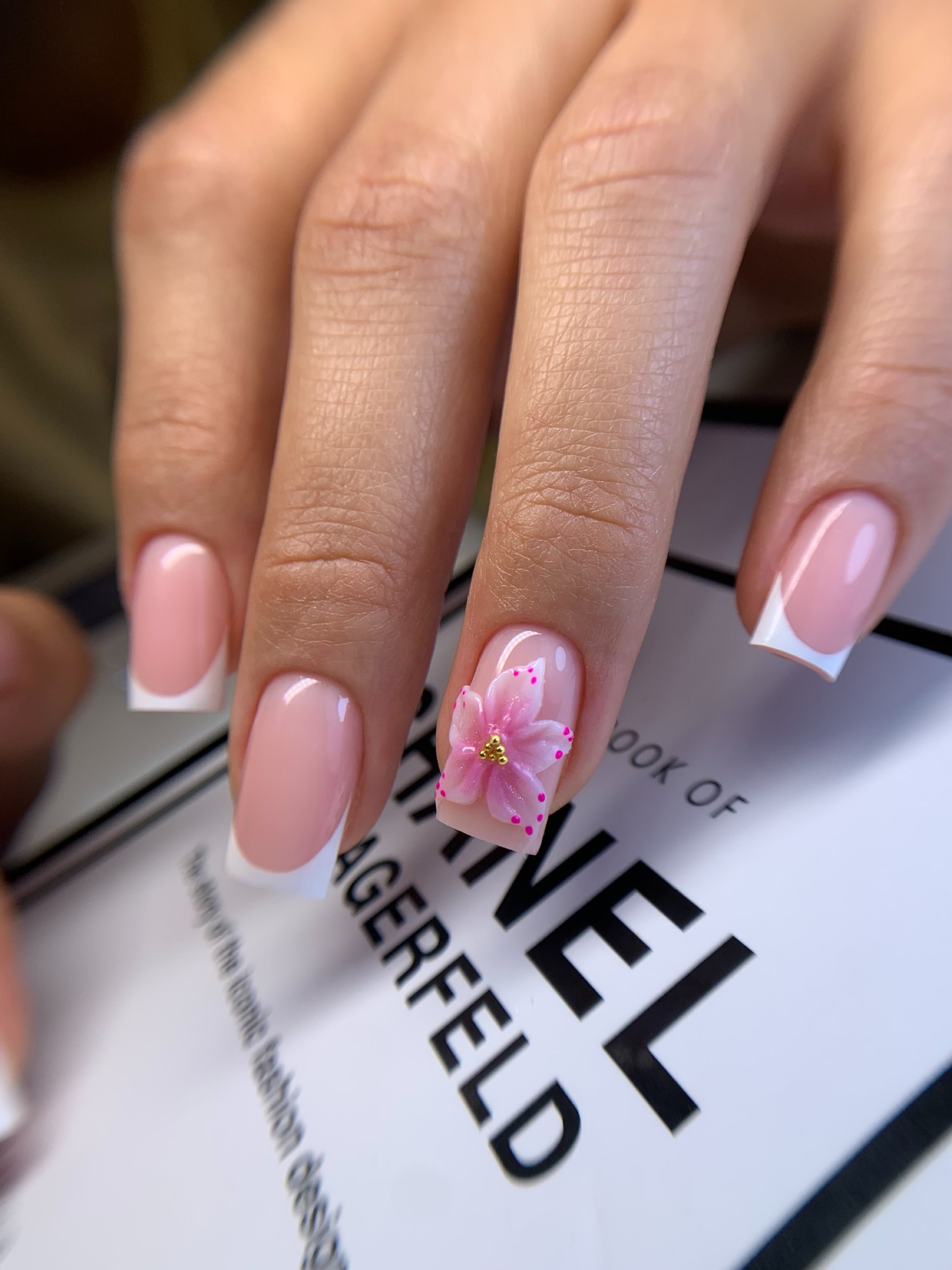 3D Pink Flower French Tip Nails