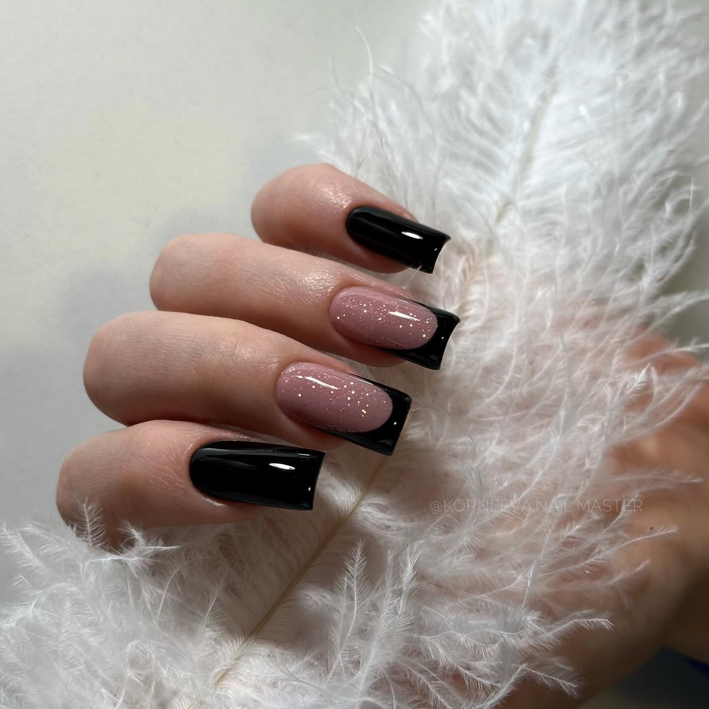 Glossy Black and Pink Glitter French Square Nails