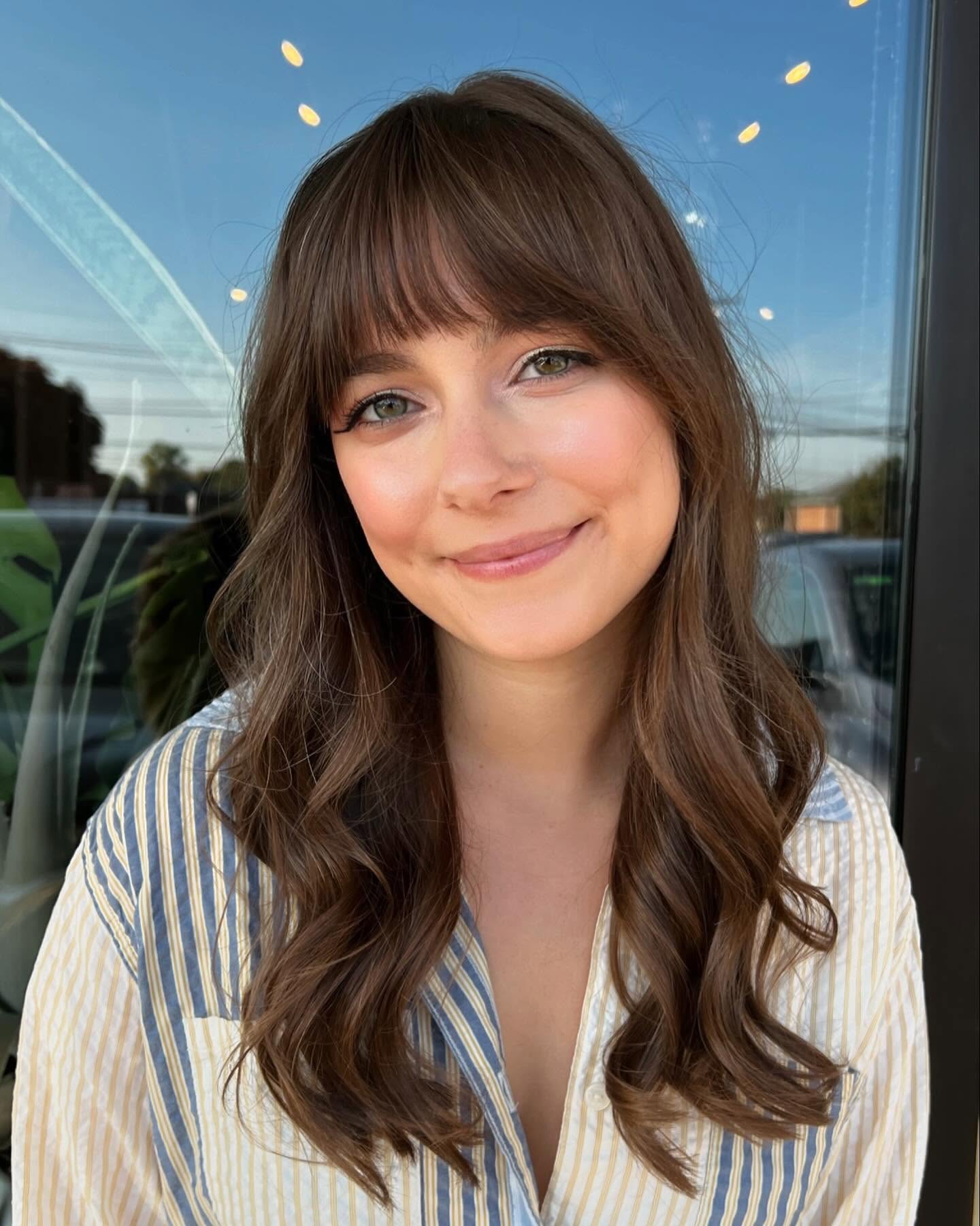Soft Curtain Bangs With Chocolate Brown Waves