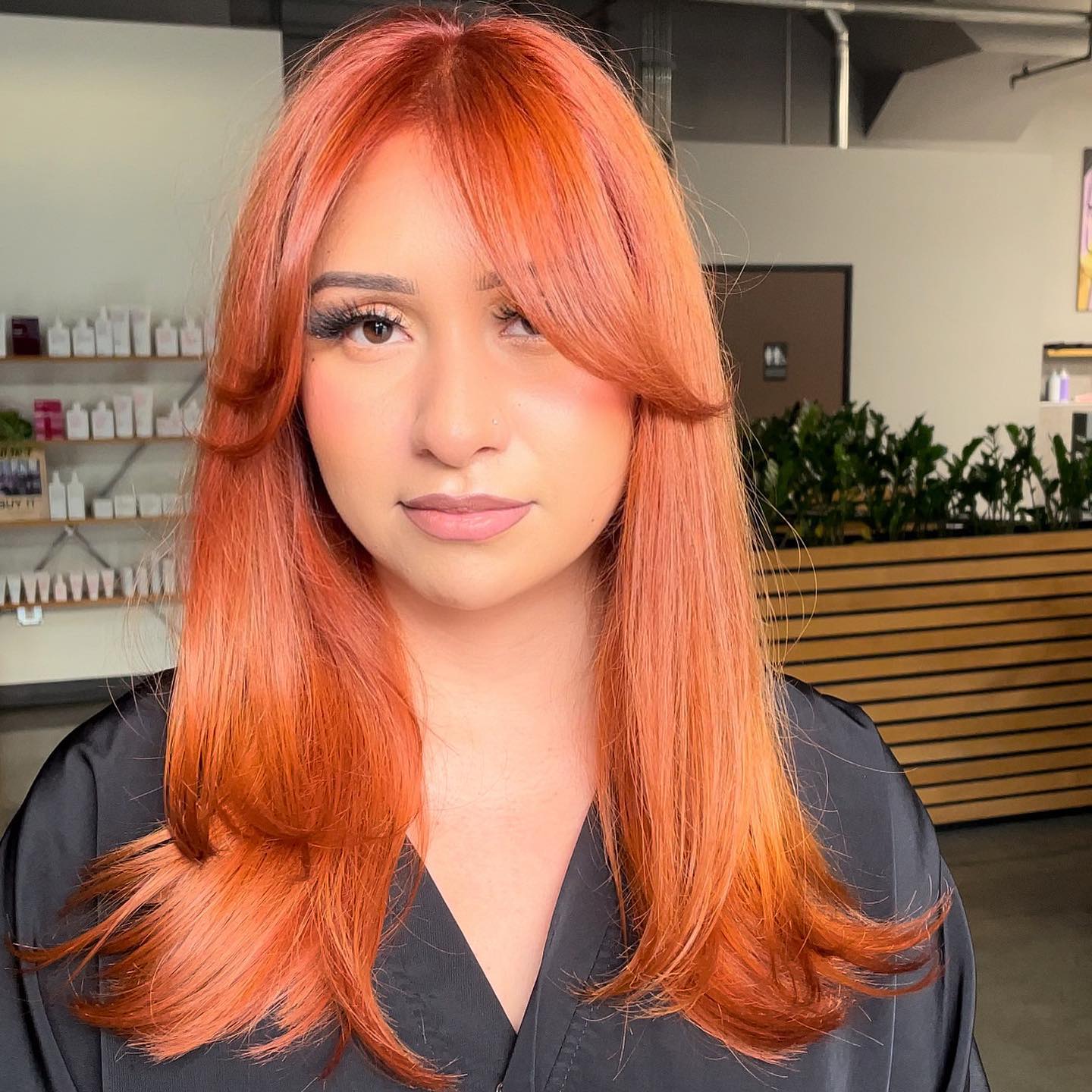 Copper Orange Curtain Bangs With Soft Waves