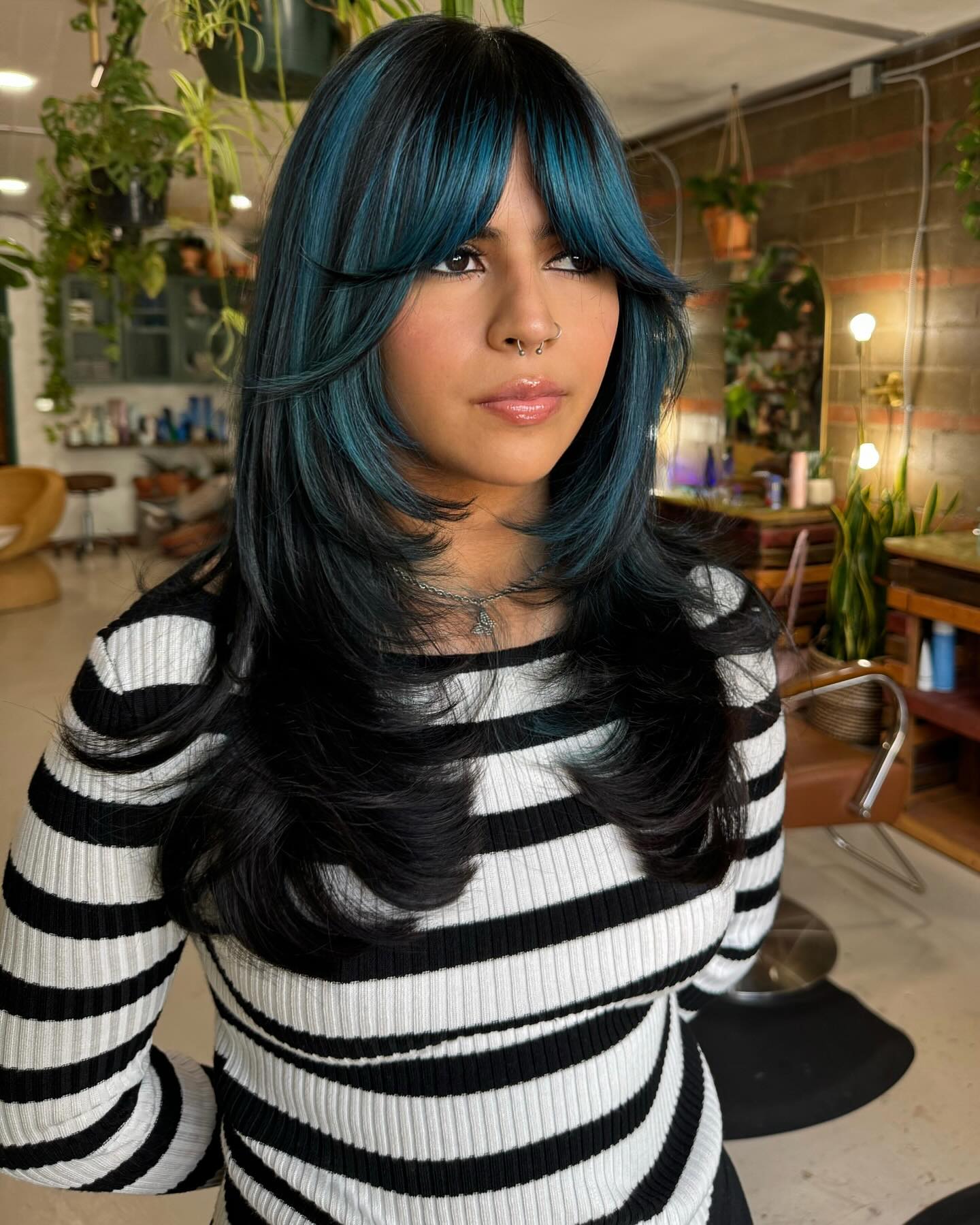 Layered Teal Peekaboo Bangs With Black Base