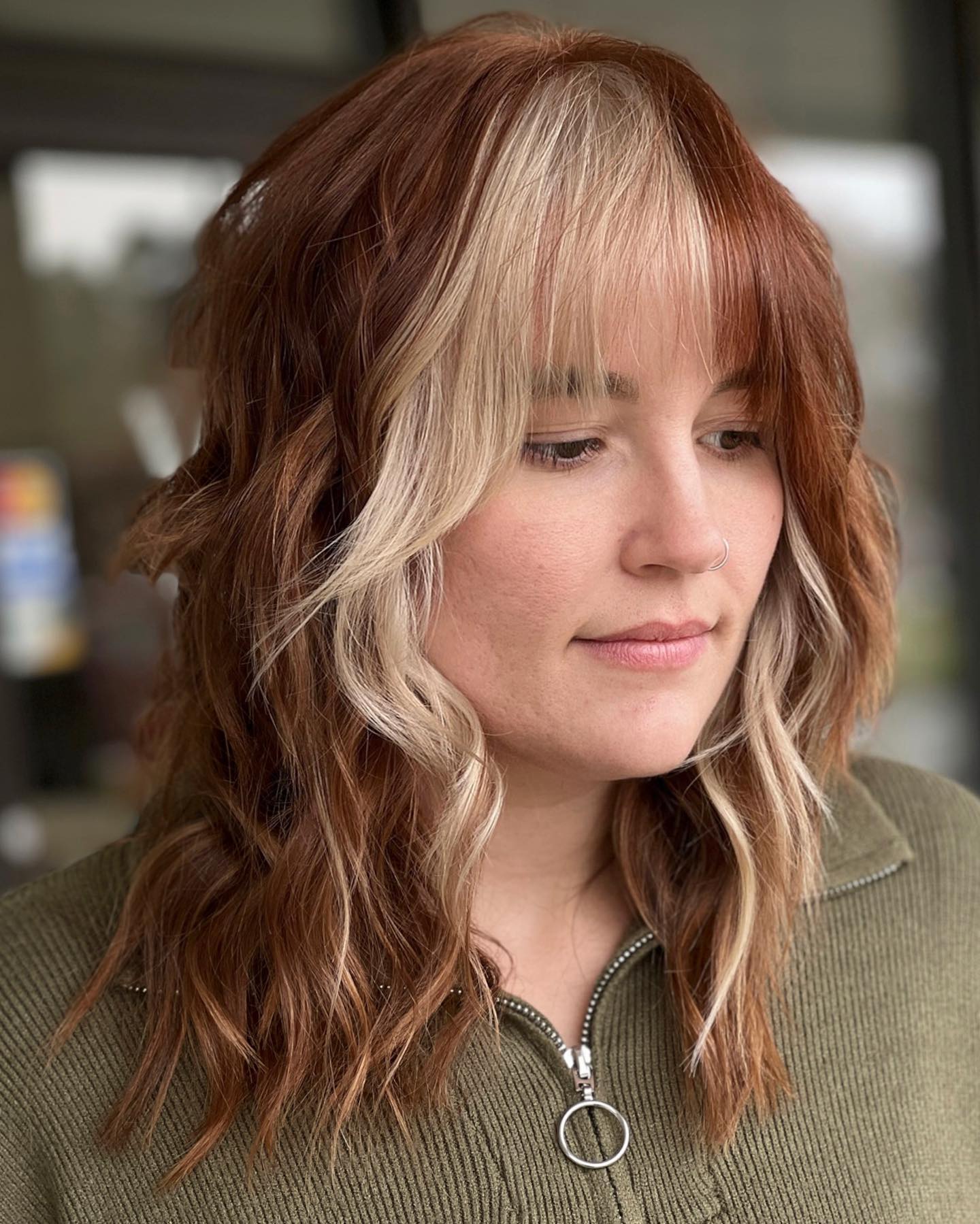 Trendy Two-Tone Copper and Blonde Curtain Bangs
