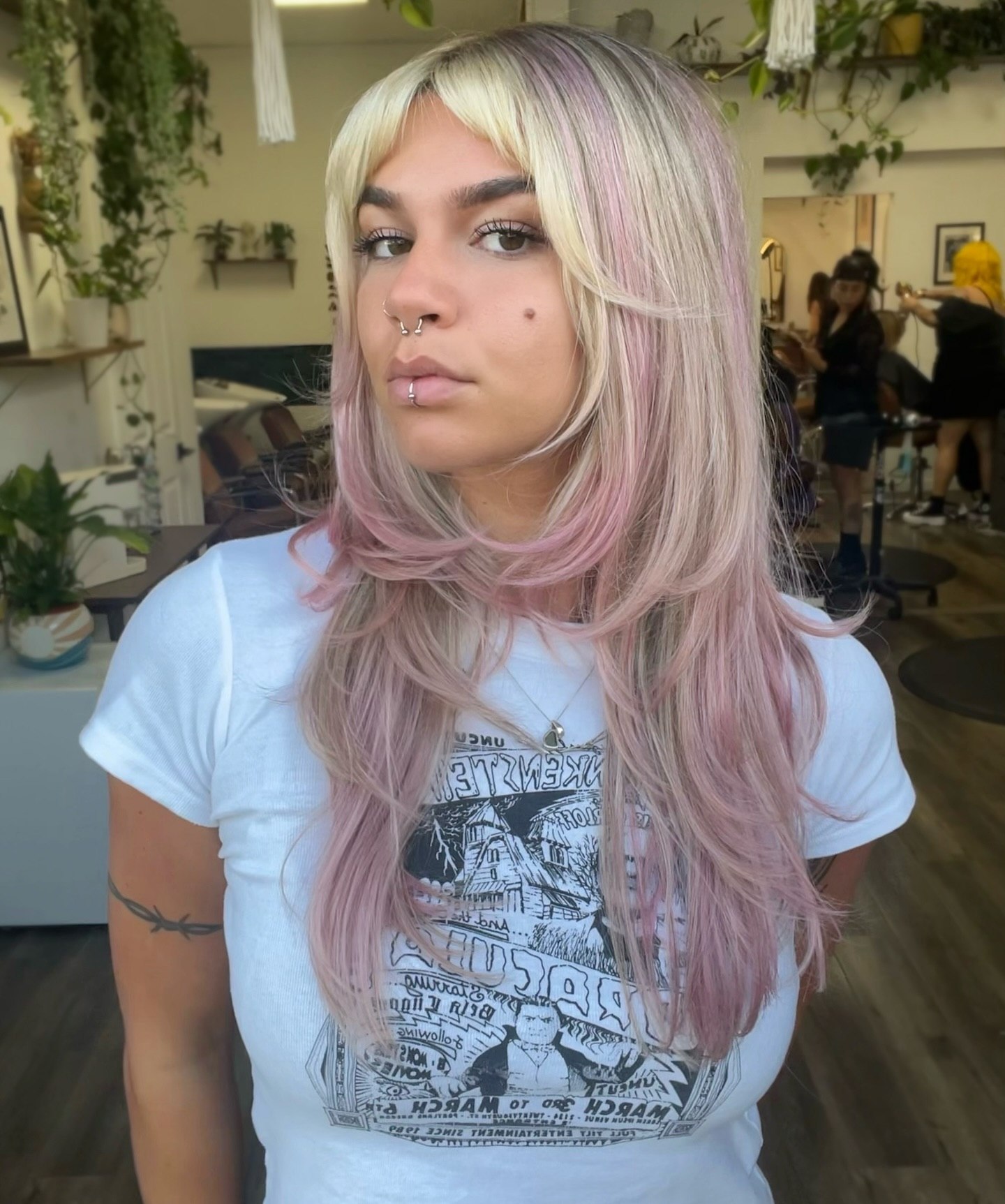 Soft Pink Balayage With Wispy Bangs