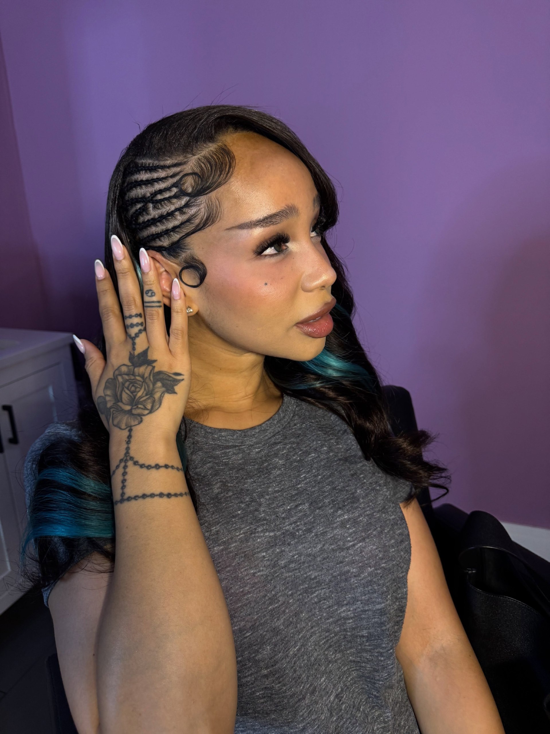 Braided Bangs With Defined Waves And Teal Accents