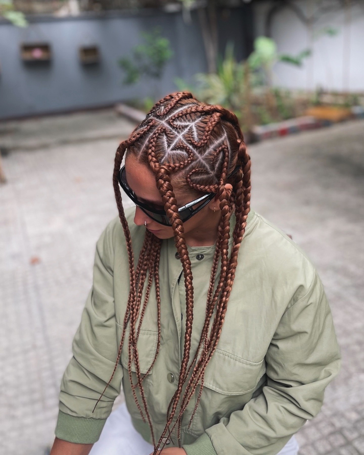 Geometric Knotless Box Braids With Auburn Highlights