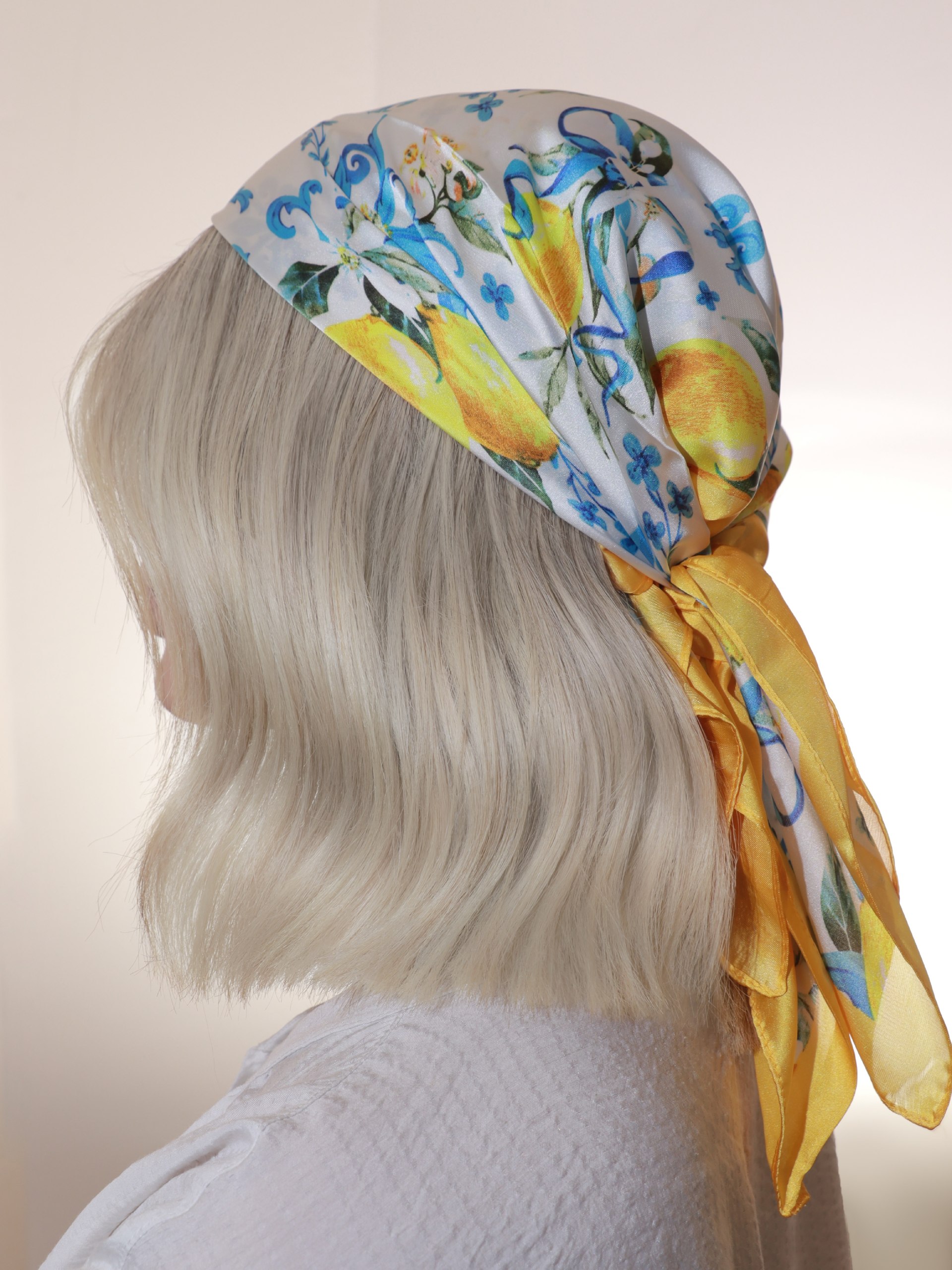 Blonde Wavy Bob With Silk Lemon Print Scarf