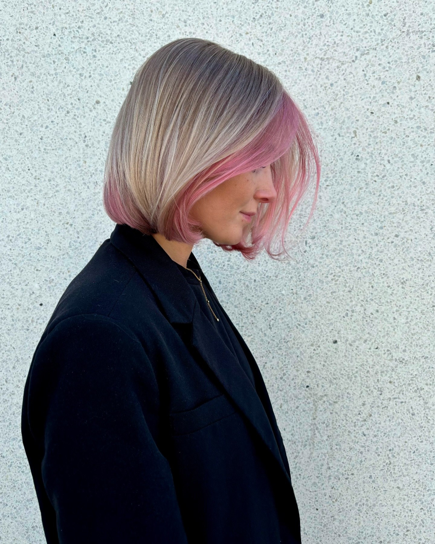 Pink Accent Bob With Ash Blonde Balayage