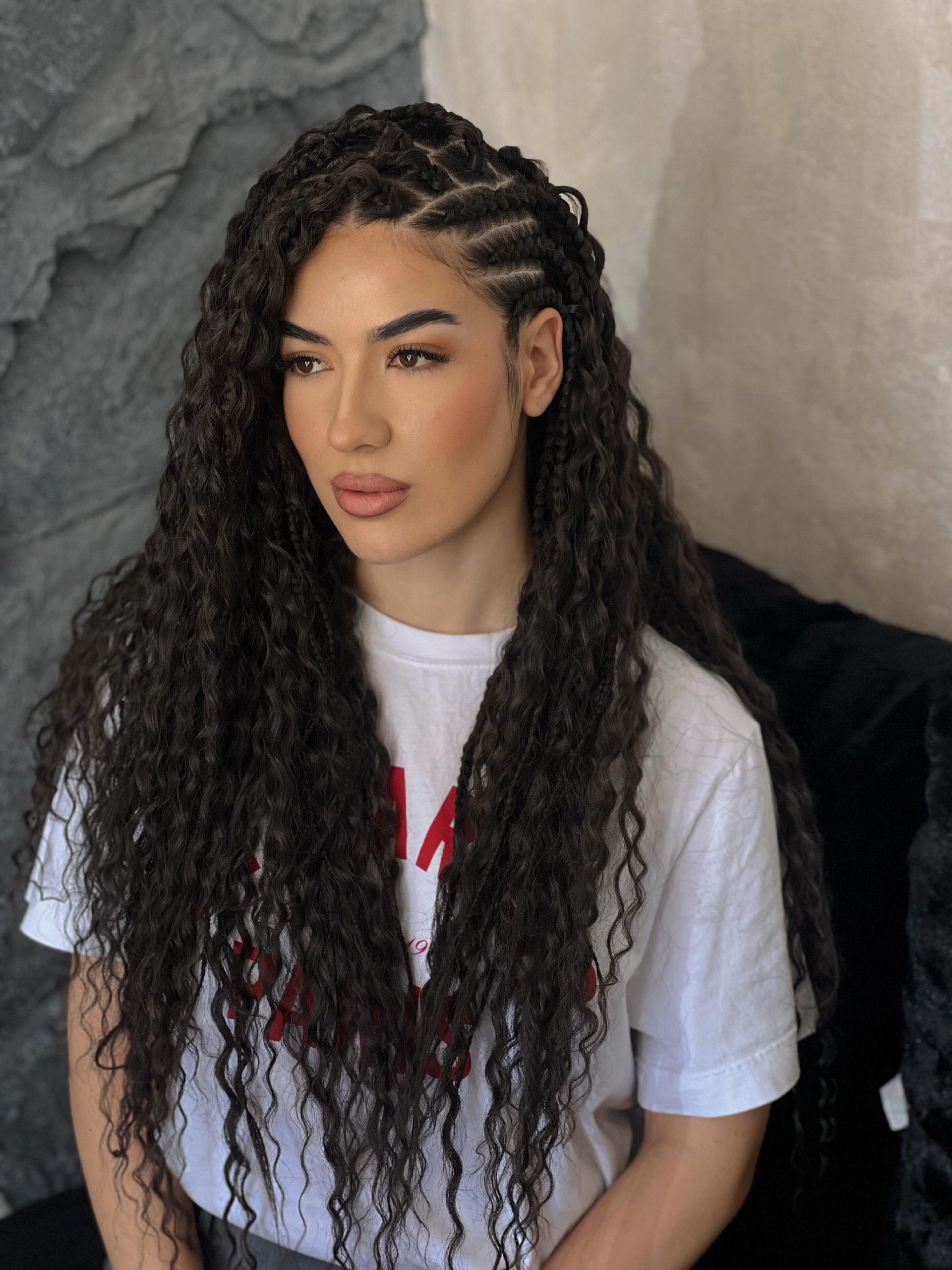 Long Wavy Goddess Braids With Side Parts