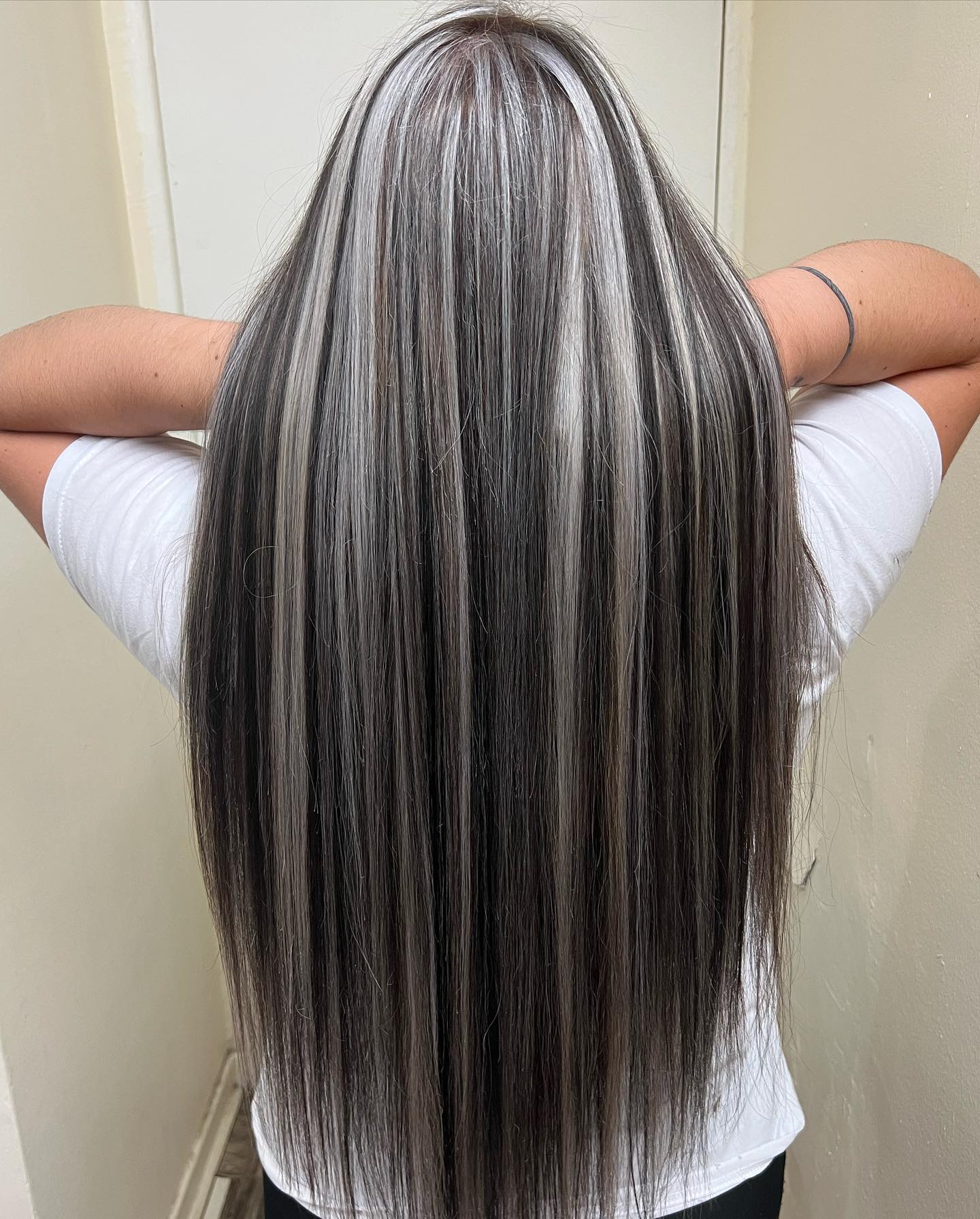 Chunky Platinum Highlights On Dark Brown Hair