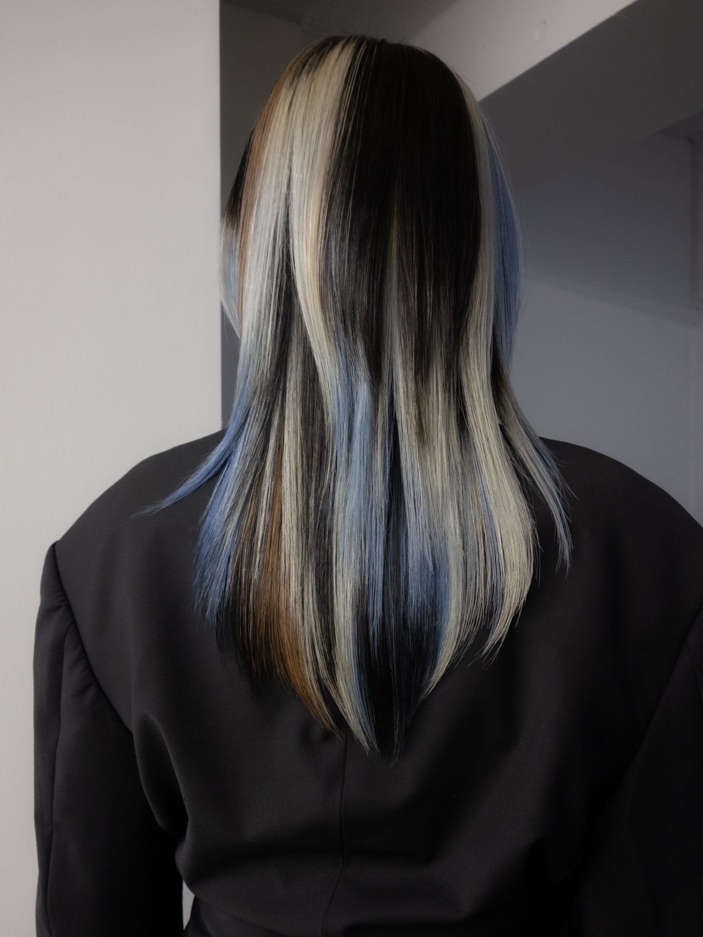 Bold Chunky Highlights On Dark Hair With Blue