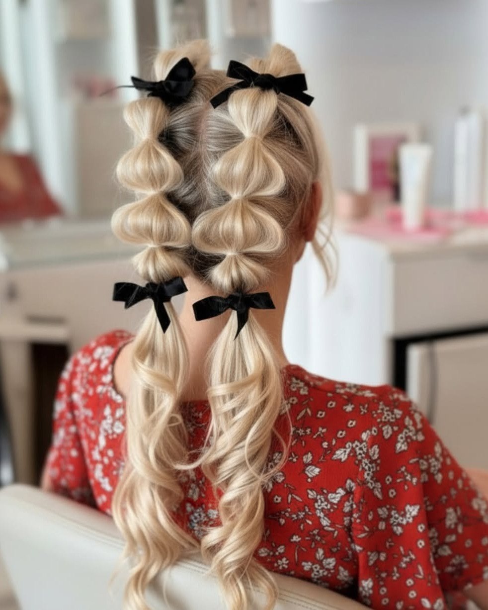 Playful Bubble Braids With Velvet Bows