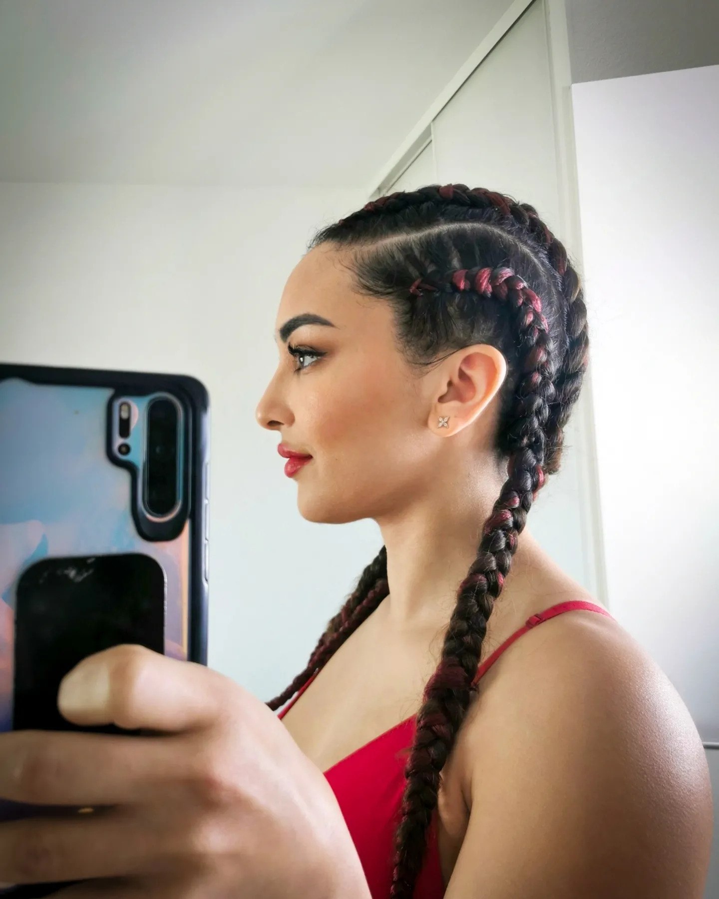 Double Dutch Braids With Burgundy Streaks