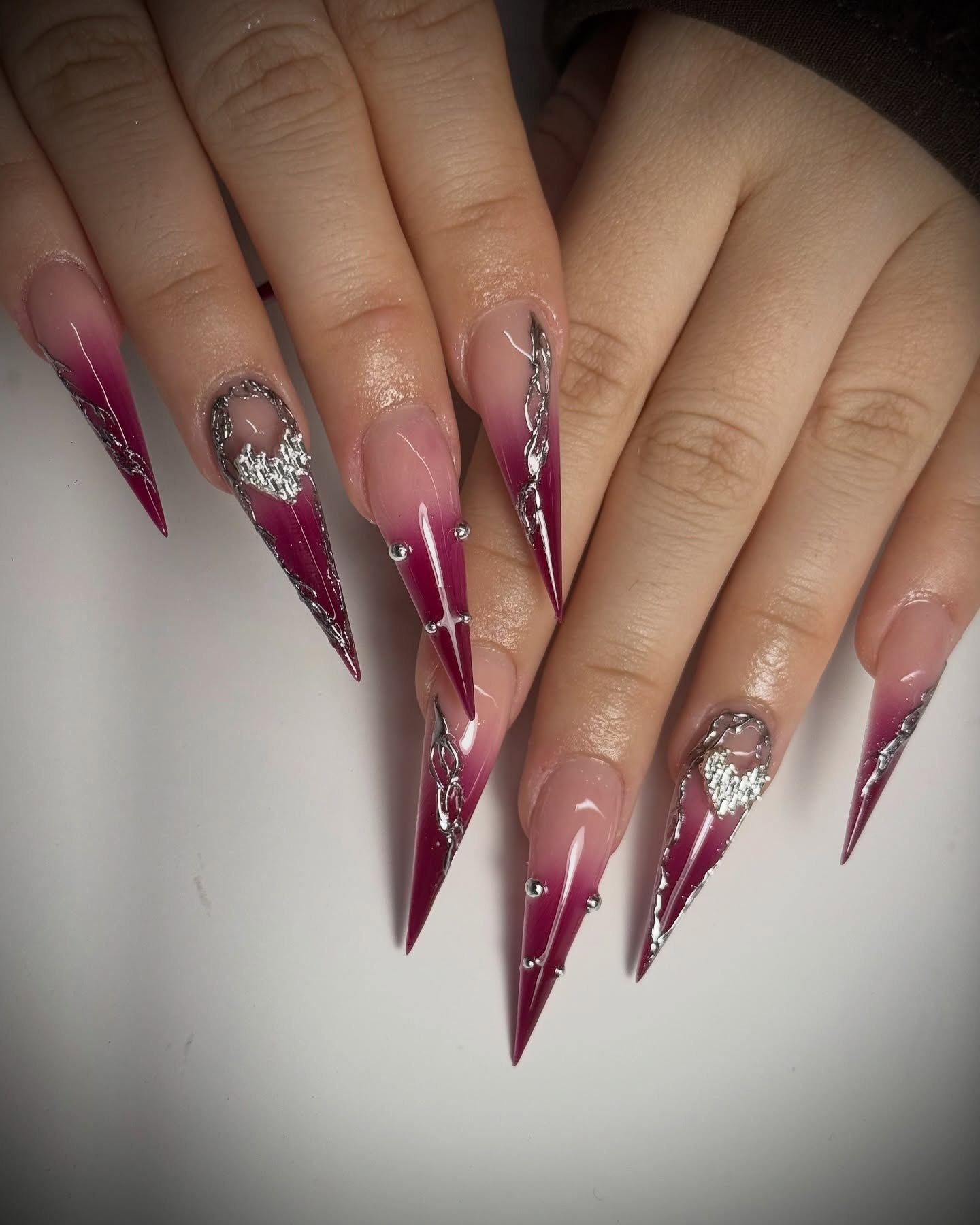 Burgundy Ombre Stiletto Nails with Silver Accents
