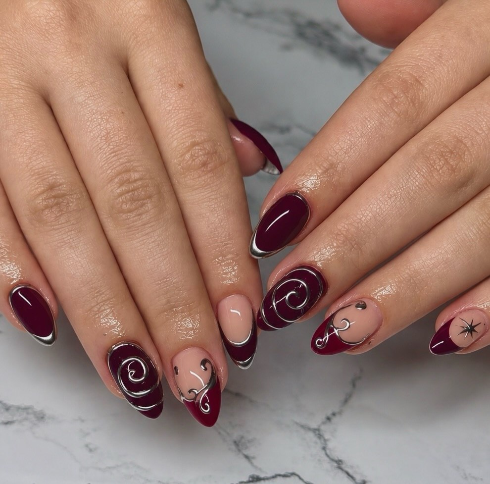 Deep Burgundy and Silver Swirl Almond Nails