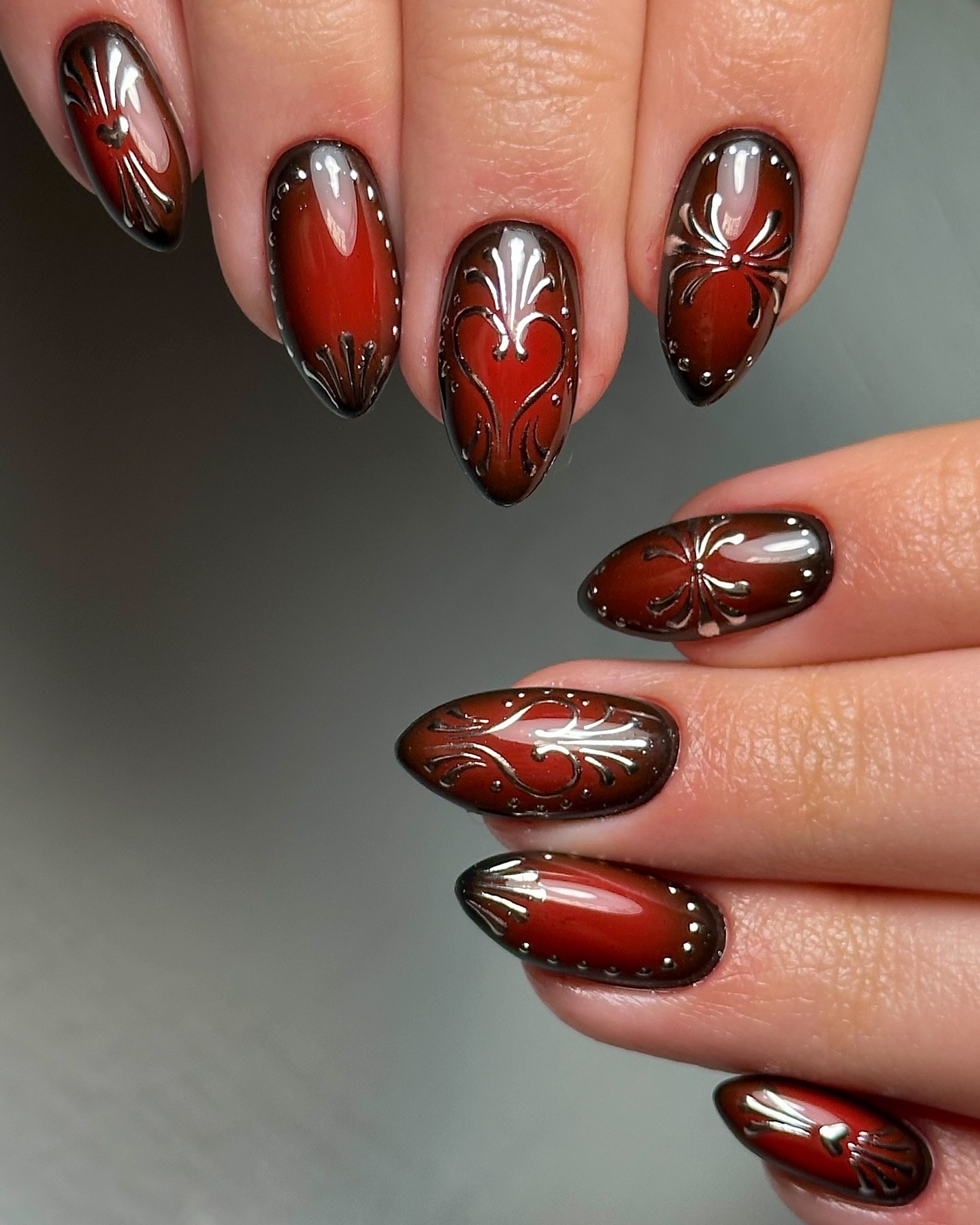 Burgundy And Silver Baroque Almond Nails