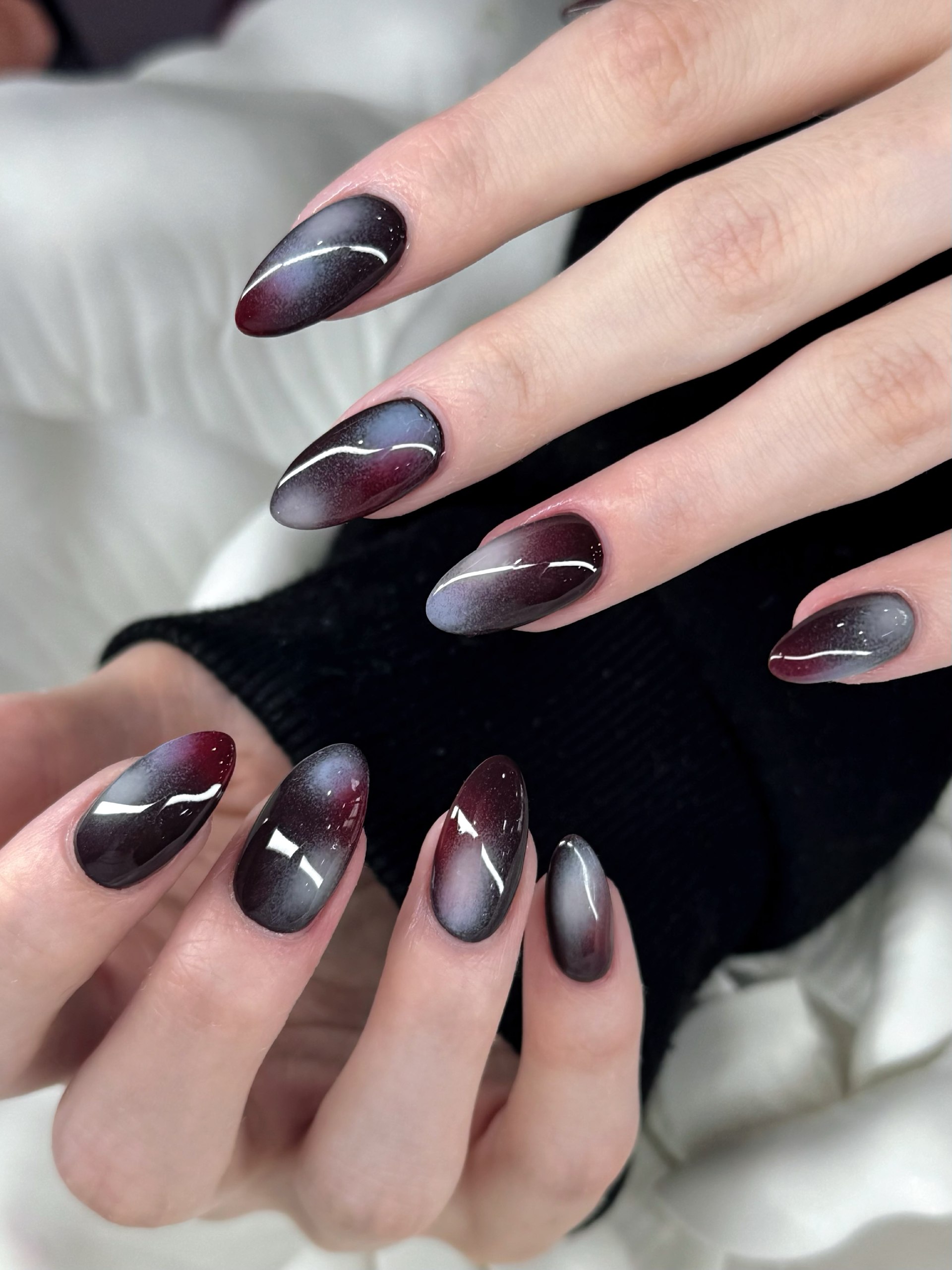 Deep Burgundy and Silver Galaxy Ombre Nails