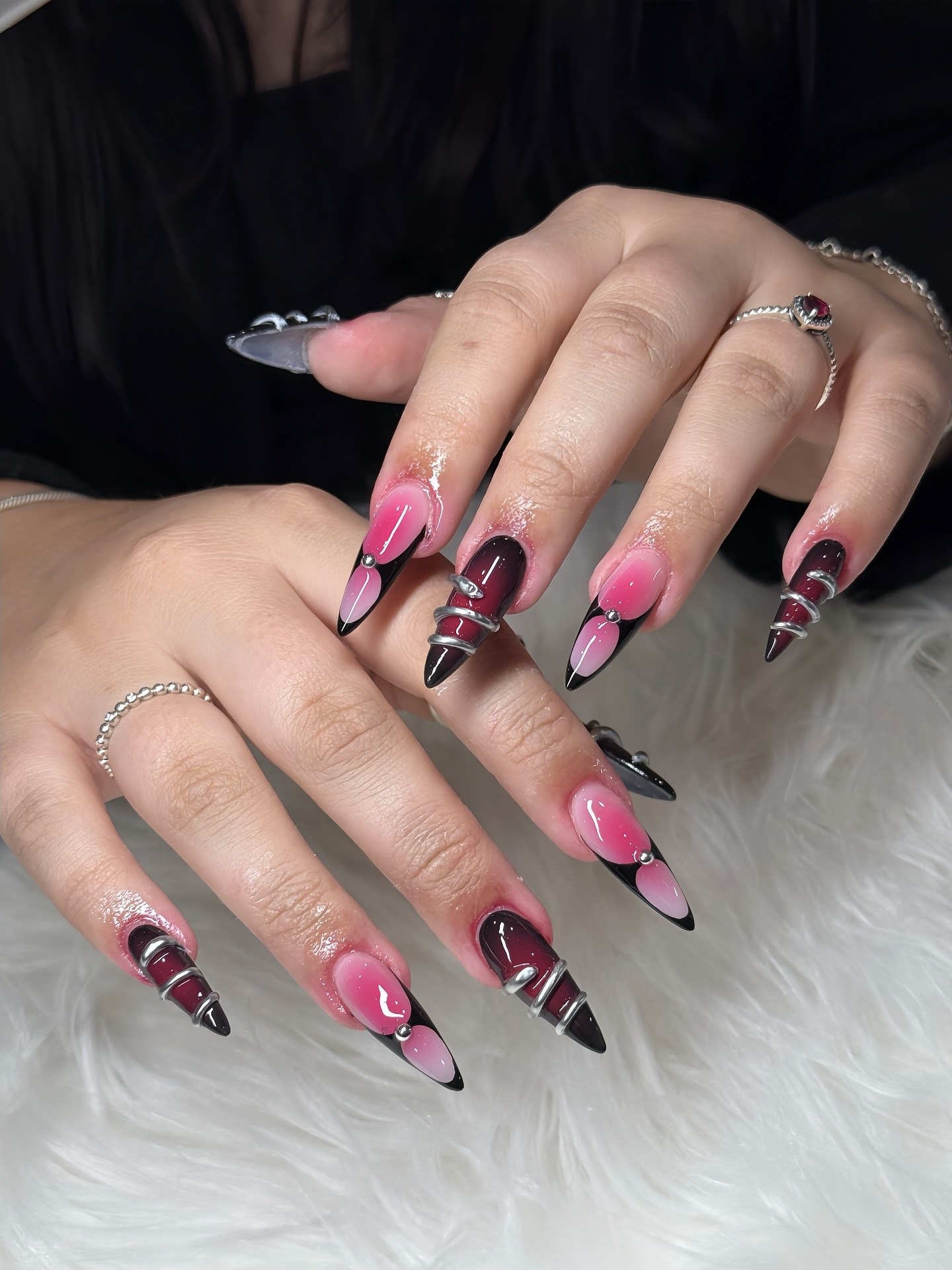 Burgundy Pink Ombre Stiletto Nails with Silver Accents